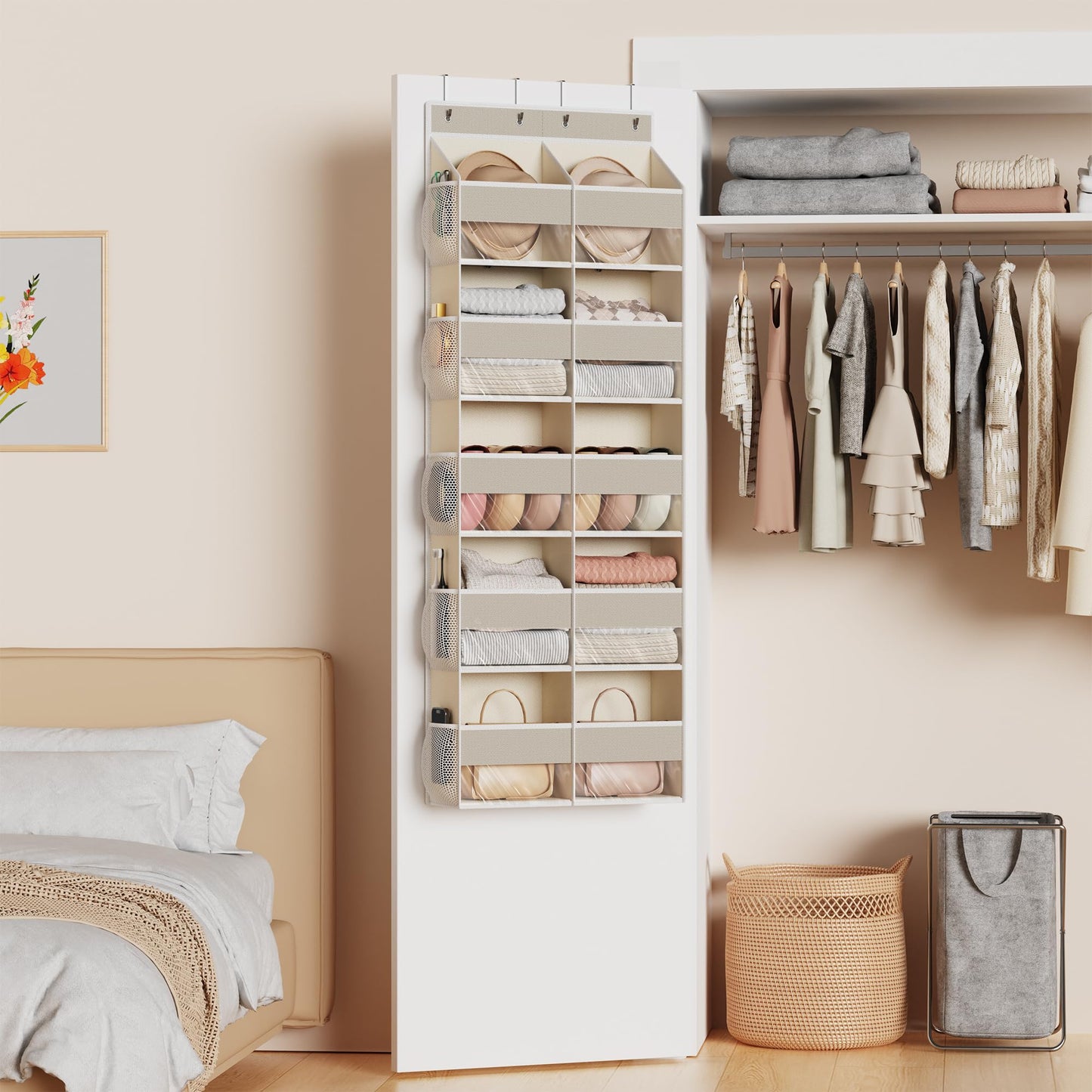 MAX Houser 5-Shelf Over The Door Hanging Organizer with 4 Metal Hooks，5 Pocket Over The Door Wall Mount Storage with Clear Windows for Bathroom Closet,Bedroom(Beige)