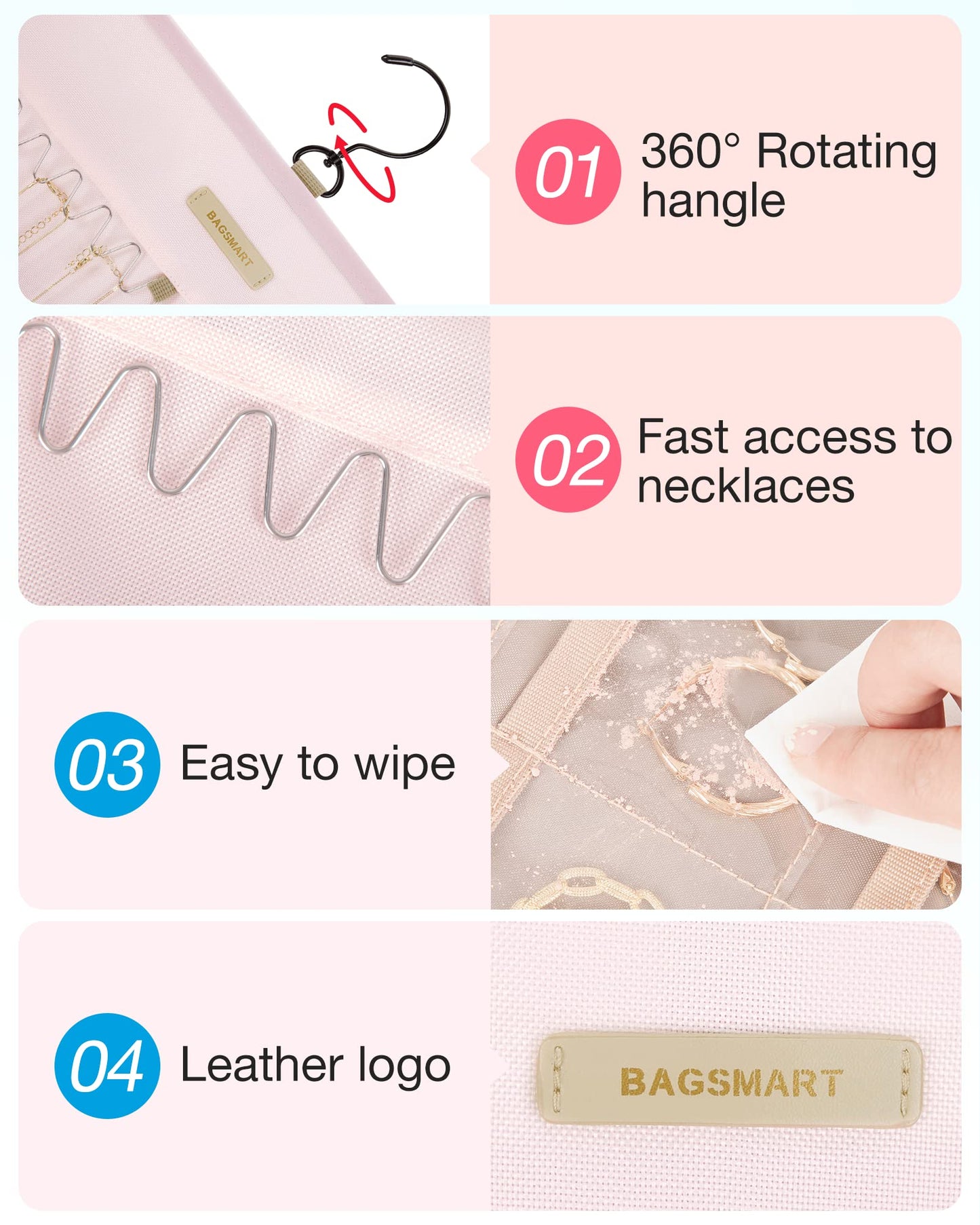 BAGSMART Hanging Jewelry Organizer Storage Roll with Hanger Metal Hooks Double-Sided Jewelry Holder for Earrings, Necklaces, Rings on Closet, Wall, Door, 1 piece, Large, Pink