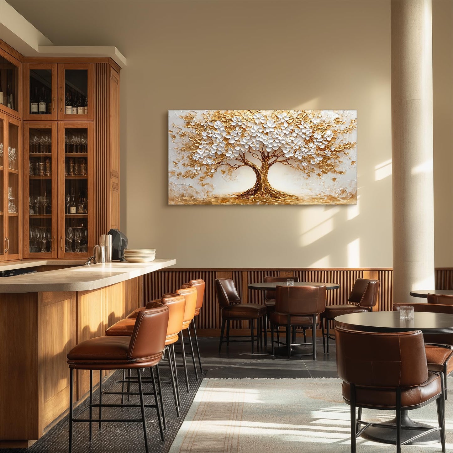 SERIMINO White Gold Tree of Life Wall Art, Blooming Flower Tree Extra Large Artwork, Abstract Landscape Canvas Art Prints, Modern Oversized Pictures Wall Decor Living Room Office Ready to Hang 29"X57"