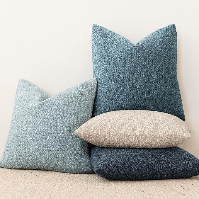 Foindtower Decorative Textured Boucle Throw Pillow Covers Accent Solid Pillow Cases Neutral Soft Cozy Couch Cushion Case for Chair Sofa Bedroom Living Room Home Decor 20x20 Inch,1PC,Misty Blue