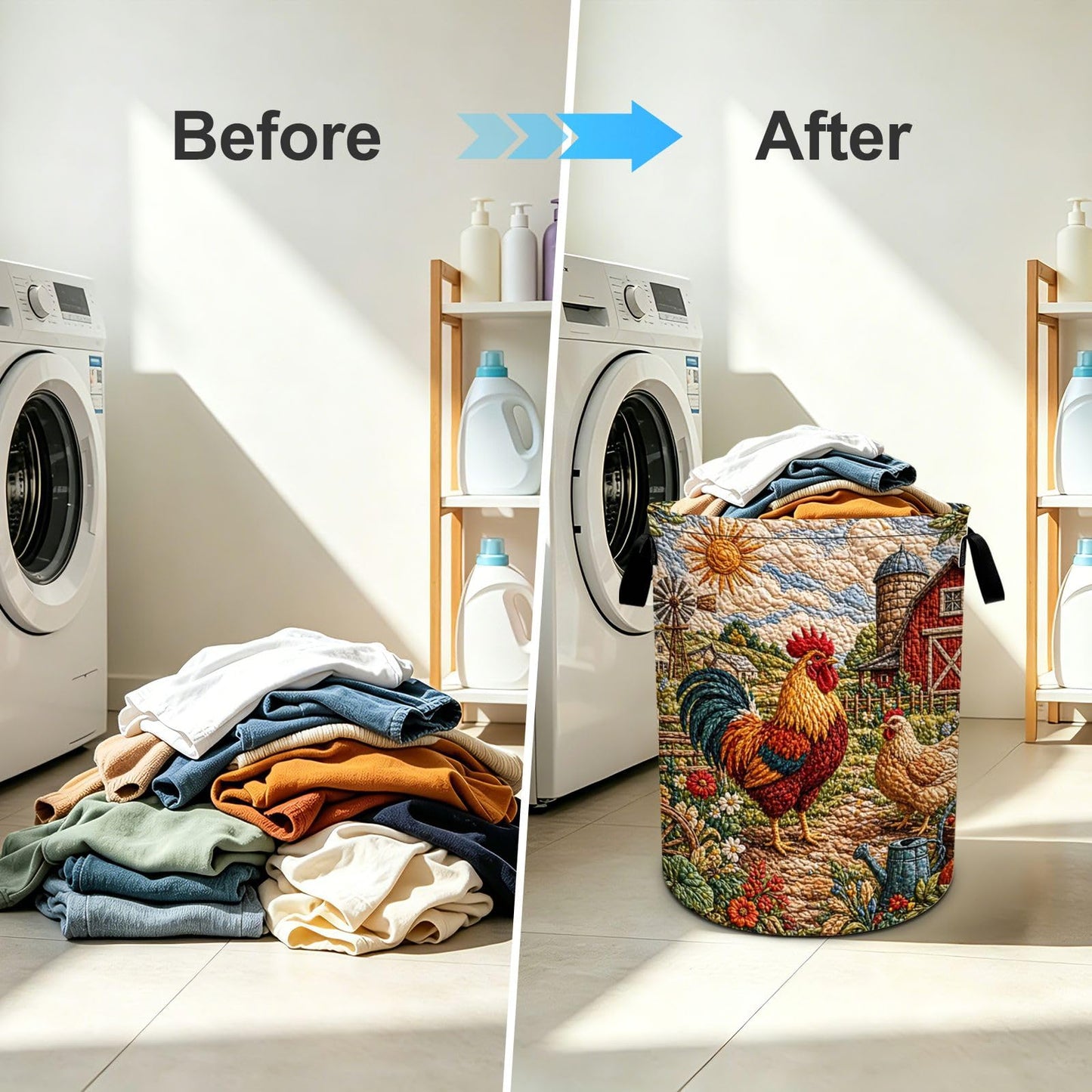 Rooster Print Laundry Basket Foldable Oxford Laundry Hamper With Handle For Room Bathroom Bedroom