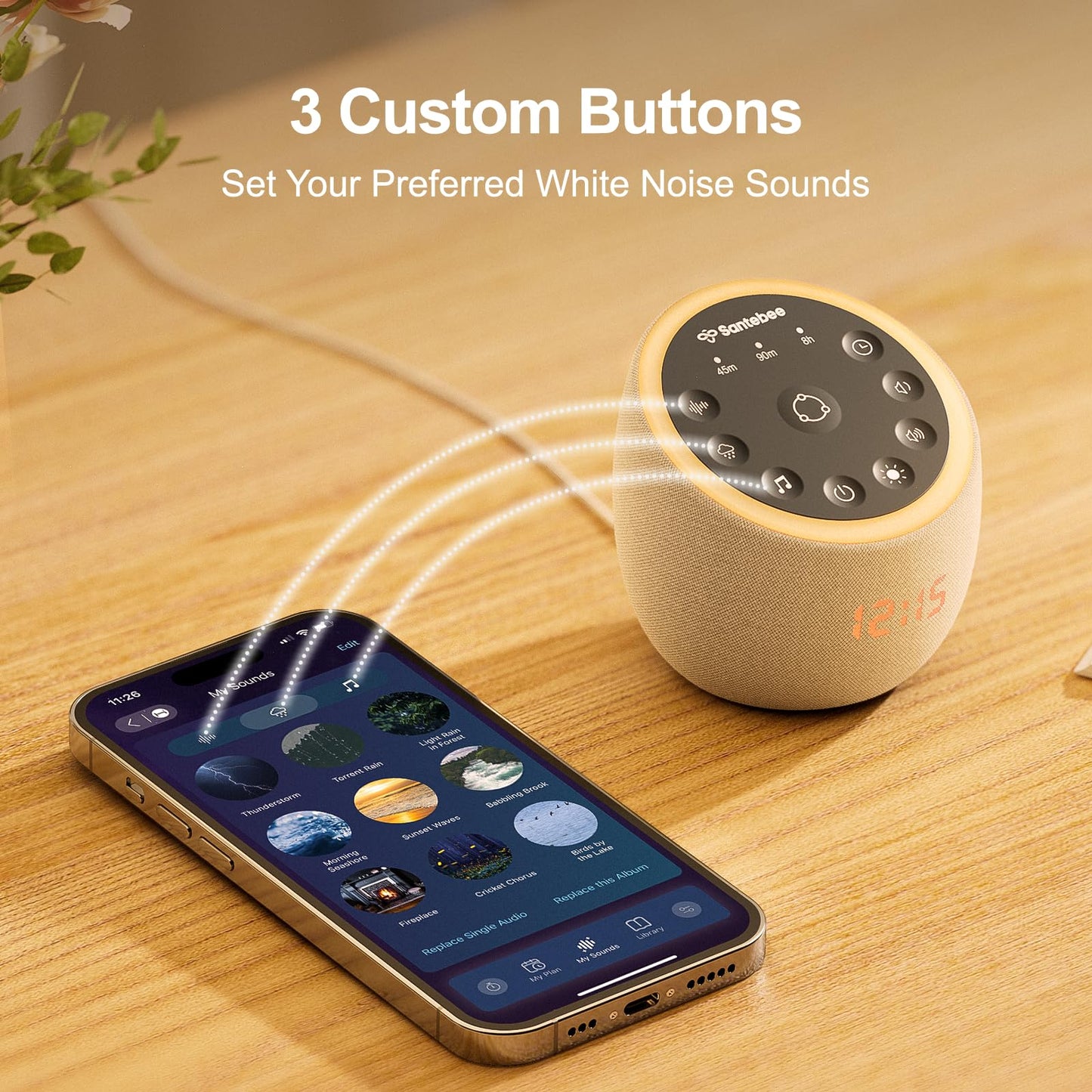 Santebee Sound Machine for Sleep, Smart White Noise Sound Machine 388 Soothing Sounds, 3 Custom Buttons APP Control Night Light, Noise Canceling Dimmable Clock for Adults Baby Kids Lullaby Office