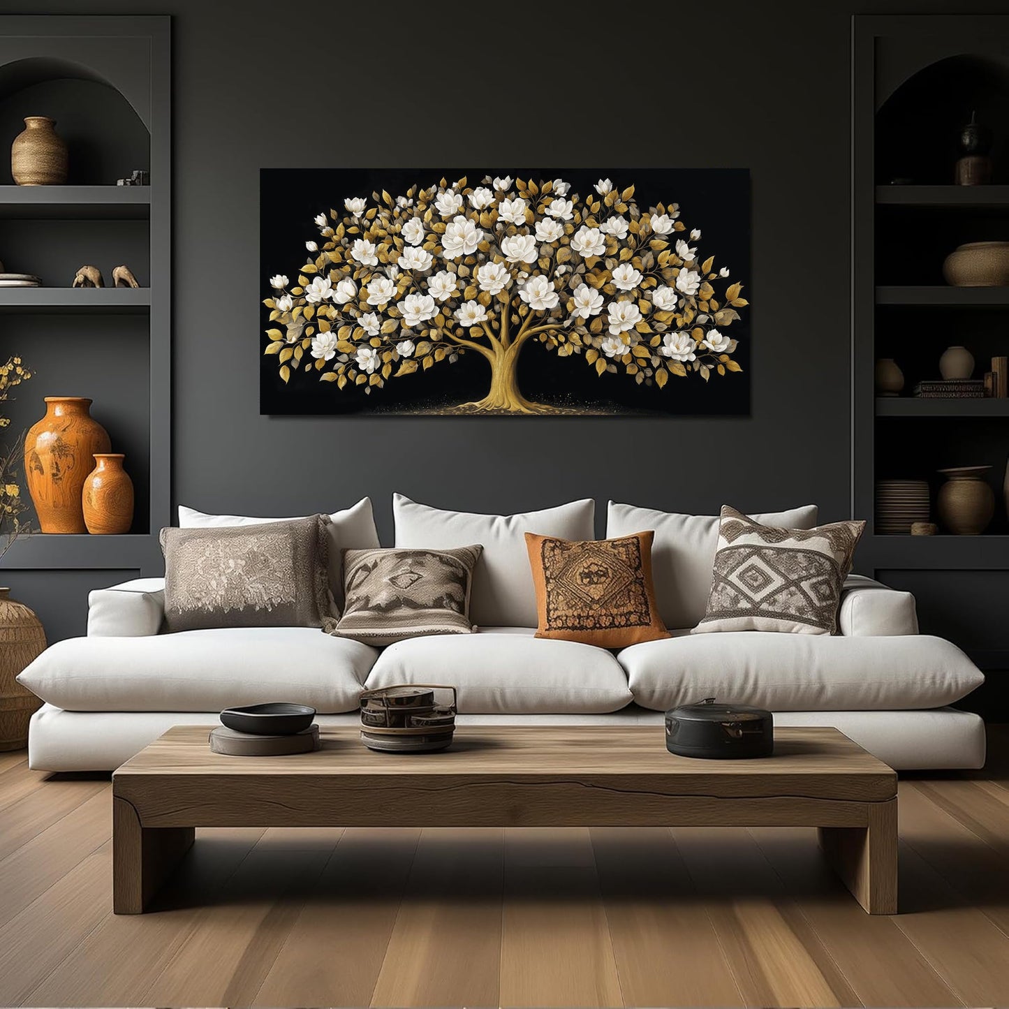 ORKARLUMENT Large Tree of Life Wall Art for Living Room Gold and White Floral Modern Artwork for Bedroom Office Canvas Prints 20"x40"