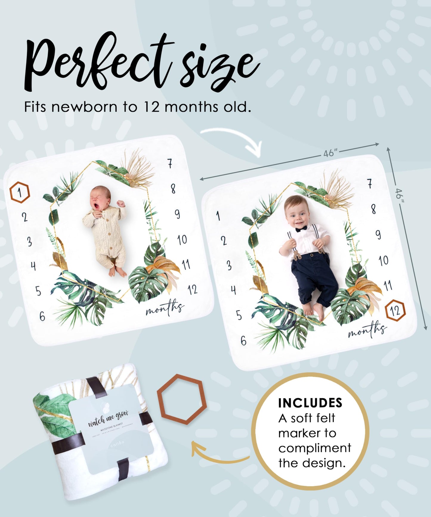 Baby Monthly Milestone Blanket for Boys and Girls - Soft Thick Fleece 46"x46" - Perfect Photo Growth Chart for First 12 Months - Extra Cozy for Pictures, Creating Monthly Memories - Tropical Design
