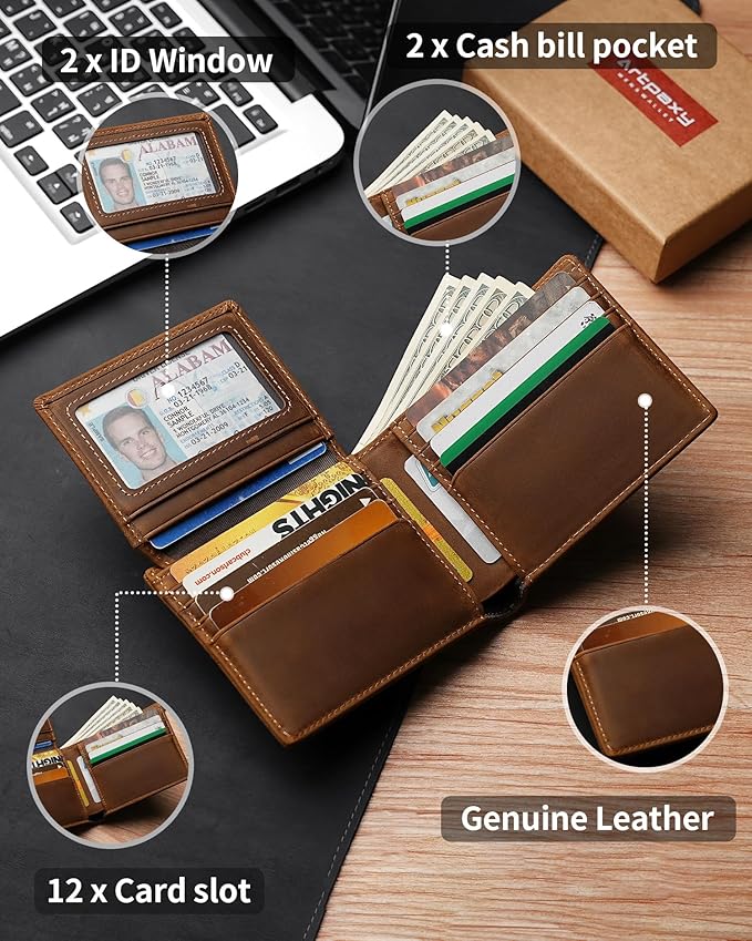 Mens Wallet With AirTag Holder, Bifold Leather RFID Blocking 1-2 ID Windows 12-13 Card Holders, Gift Box and Screen Protector Included, AirTag Not Included