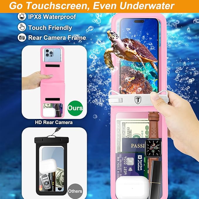 Takfox Double Space Waterproof Phone Pouch [2-Pack], Dual Large Cellphone Dry Bag Case for Samsung Galaxy S25 Ultra S24 S23 S22 A16 A15 A14 A36 iPhone 16 Pro Max Fit All Phones Up to 7"-Black/Pink