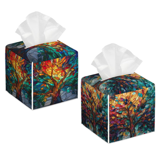 2 Pcs Tree of Life Tissue Box Cover Leather Tissue Box Holder Square Facial Paper Organizer Dispenser for Bedroom Dresser Night Stand Office Desk