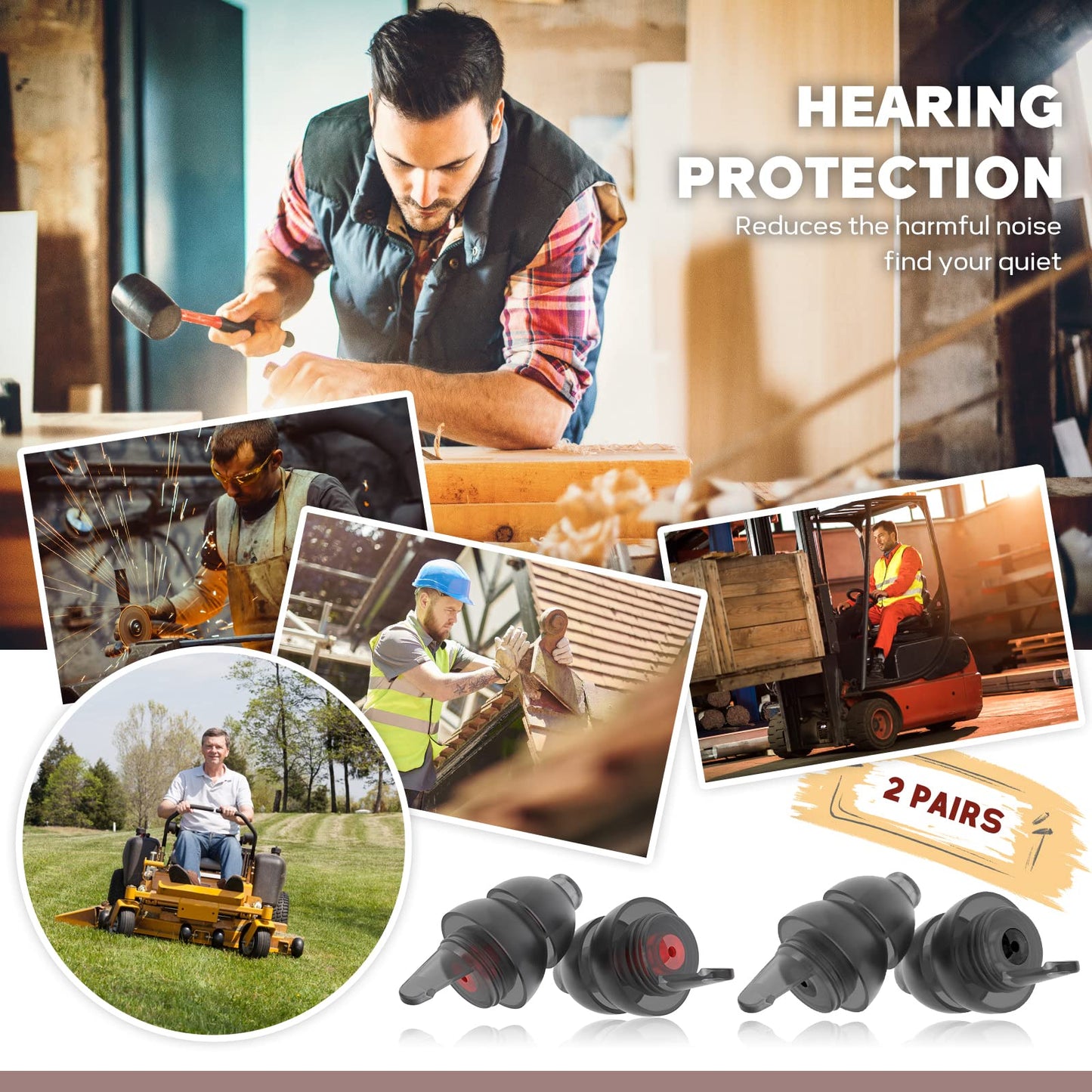 Softvox Corded Ear Plugs for Work 2 Pairs, 100x Reusable Ultra-Comfy Earplugs with Detachable String, Hearing Protection for Shooting Range Construction Mowing Focus Safety, 25 dB Noise Reduction