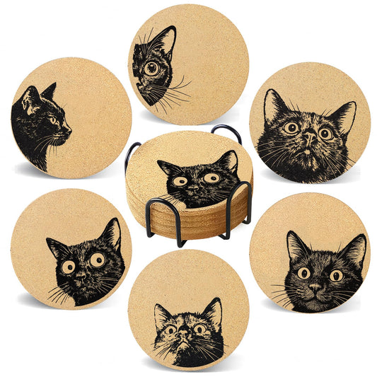 Cegkuc Coasters for Drinks with Holder Set of 6, Curious Cat Cork Coaster Absorbent for Office Desk Cat Table Coasters Kitchen Decor House Warming Gifts for New Home Couples, Round 4"