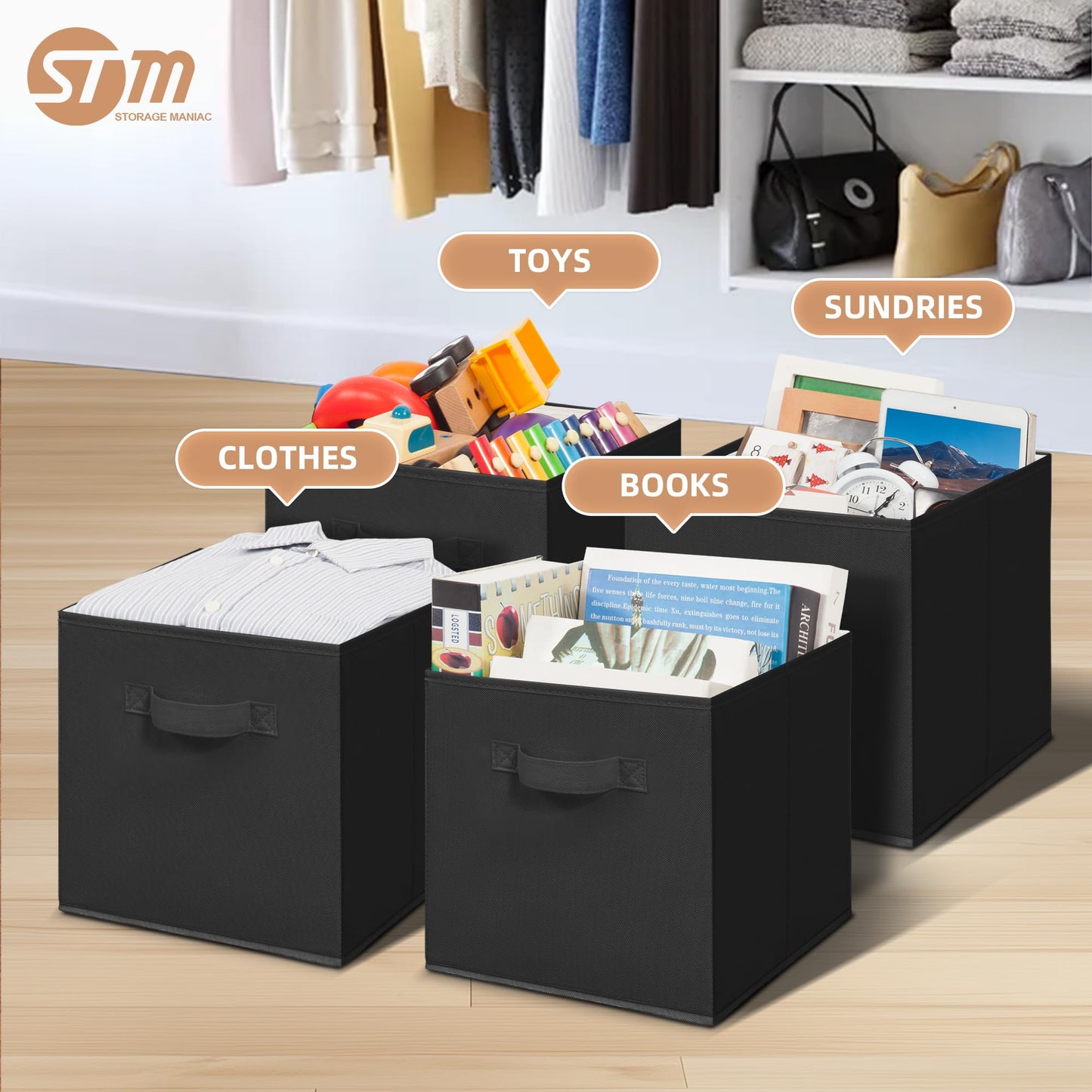 STORAGE MANIAC Storage Cubes, 11 Inch Durable 6 Pack Fabric Foldable Collapsible Bins with Handles for Organization, Closet, Shelves, Offices, Toys, Black