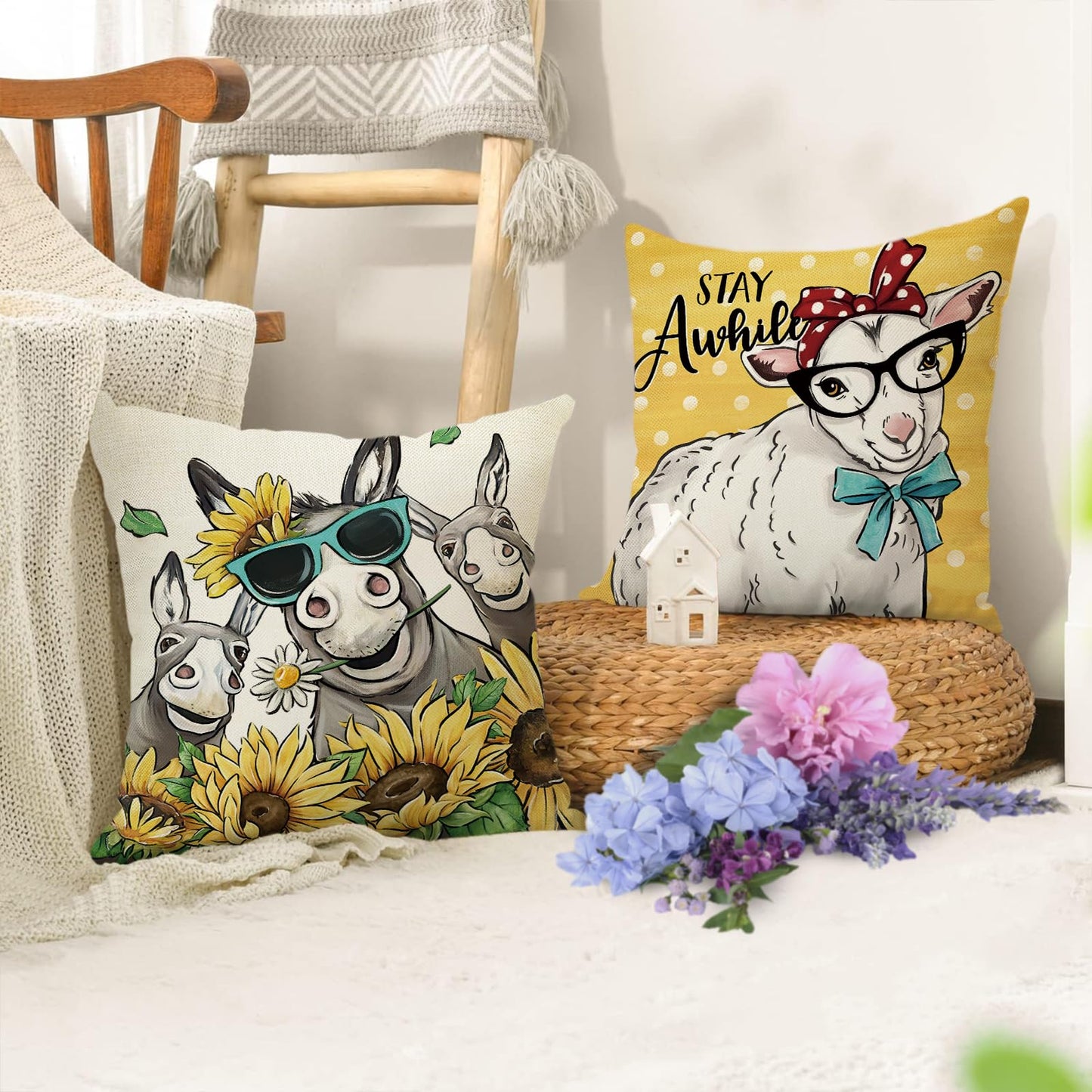 Fahrendom Funny Farm Animals Decorative Throw Pillow Covers 18x18 Set of 4, Spring Summer Rooster Sheep Donkey Sunflower Outdoor Pillowcase, Keep It Sassy Stay Awhile Fall Cushion Case Home Decor