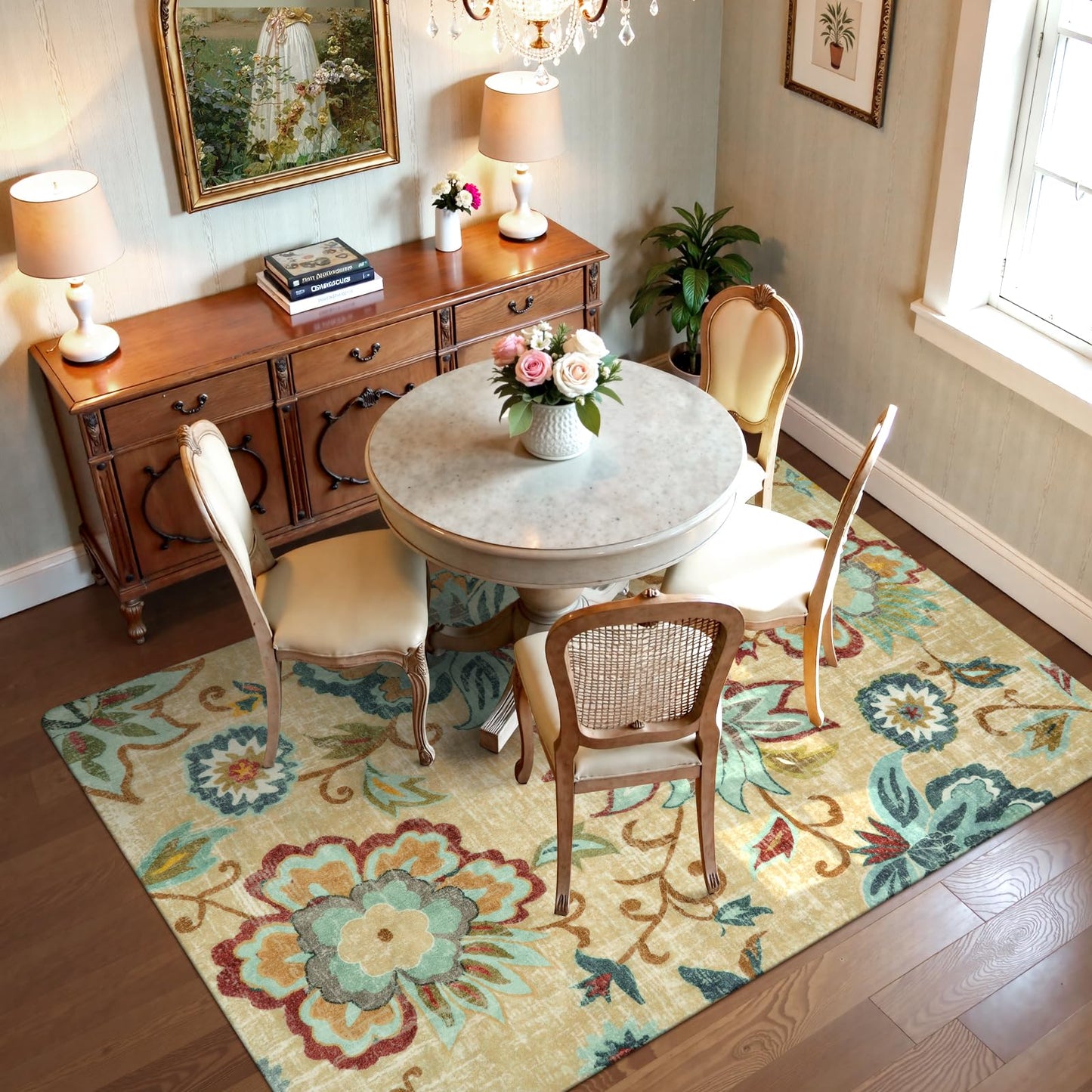 Lahome Floral Washable Rug for Living Room - Area Rugs 5x7 Non-Slip Lightweight Bedroom Throw Soft Kid Room Nursery Carpet, Boho Beige Paisley Print Indoor Carpet for Office Dining Room Kitchen