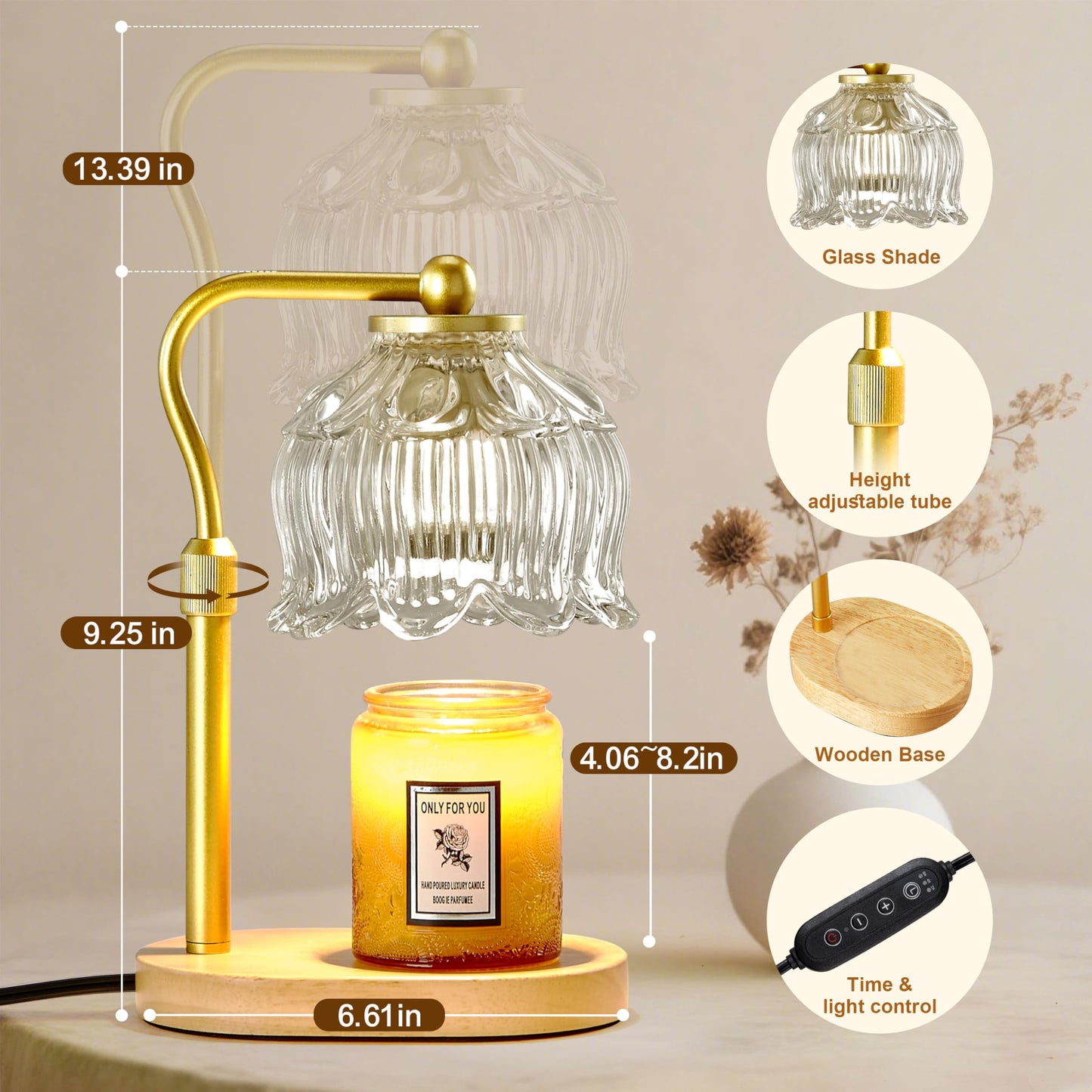 CASTLELIFE Candle Warmer Lamp with Timer & Stepless Dimming, Height Adjustable Electric Wax Warmer for Jar Candles, Flower Wax Melter with Wood Base, Gifts for Women Home Decor, Natural Wood