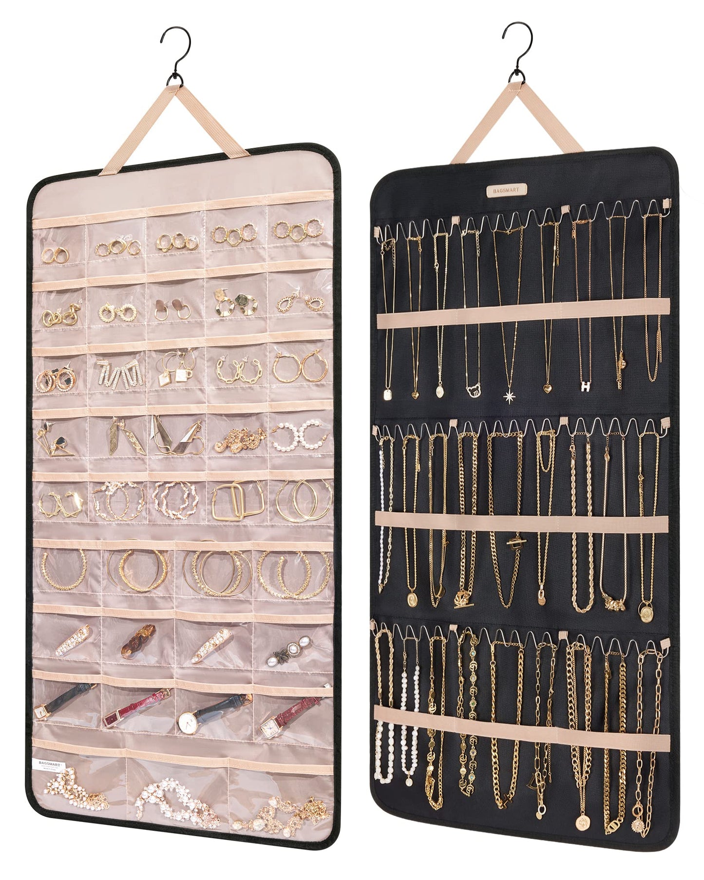 BAGSMART Hanging Jewelry Organizer Storage Roll with Hanger Metal Hooks Double-Sided Jewelry Holder for Earrings, Necklaces, Rings on Closet, Wall, Door, 1 piece, Extra Large, Black