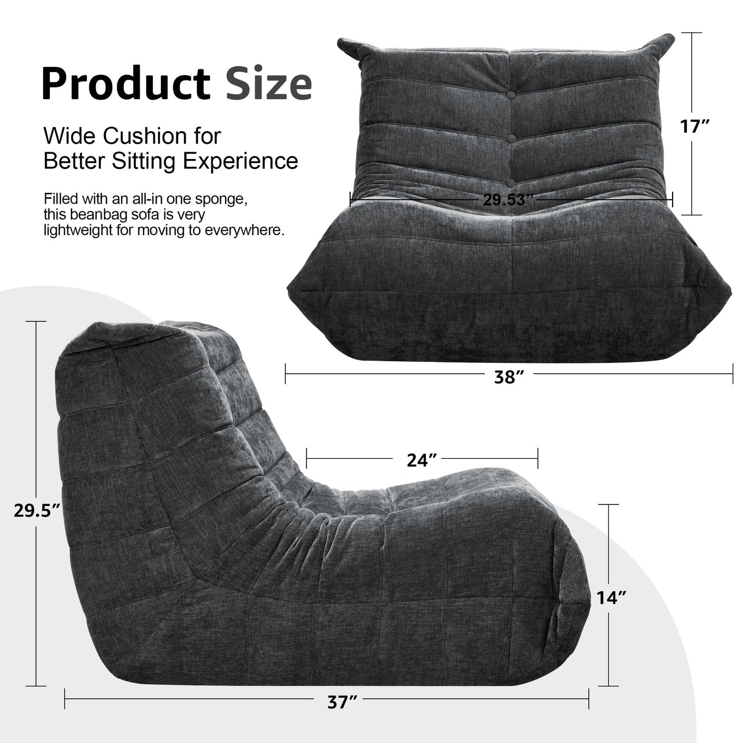Bean Bag Chairs for Adults Giant Bean Bag Chair Memory Foam BeanBag Chair Bean Bag Sofa with Filler Faux Fur Fireside Beanbags Lazy Sofa for Living Room Bedroom Office (Darkgrey Chenille, Single)