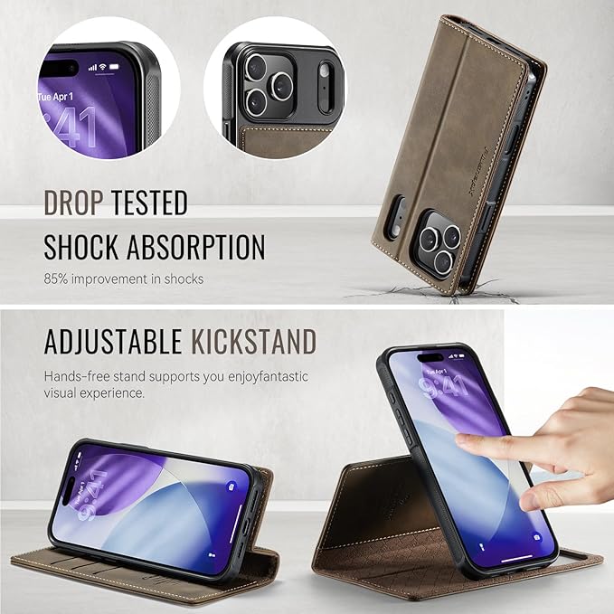 PlusnapX Wallet Case for iPhone 17 Pro Compatible with Magsafe, 2-in-1 PU Leather Flip RFID Blocking Card Holder Stand Shockproof Magnetic Detachable Cover for iPhone 17 Pro Case 6.3", Brown