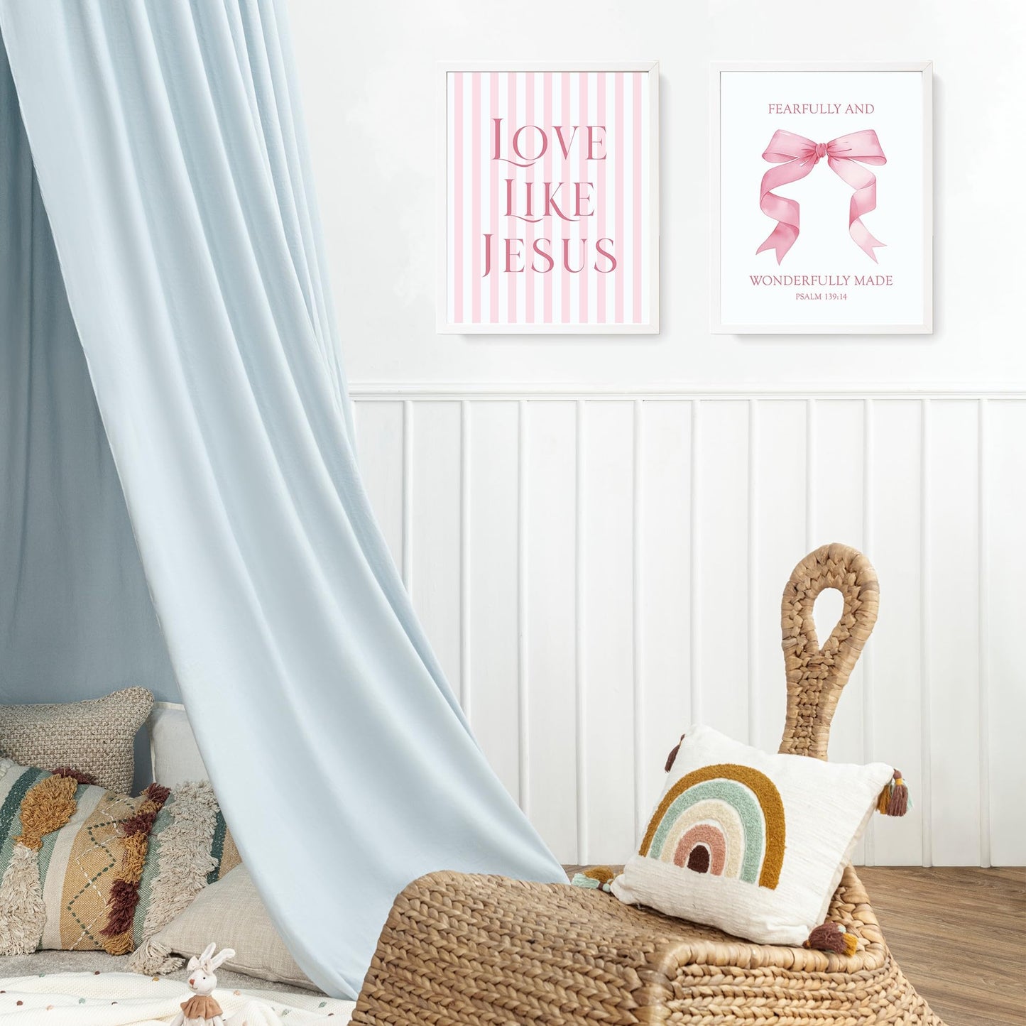 LARTSFRO Coquette Pink Bow Jesus Wall Art Decor Posters, Light Pink Bow Christian Room Bedroom Bathroom Dorm Wall Art Decor Aesthetic for College Teen Girls Gifts, Inspirational Bible Verses Bow Wall Decor, 10x8 Inch Set of 4 Bow Pictures (UNFRAMED)