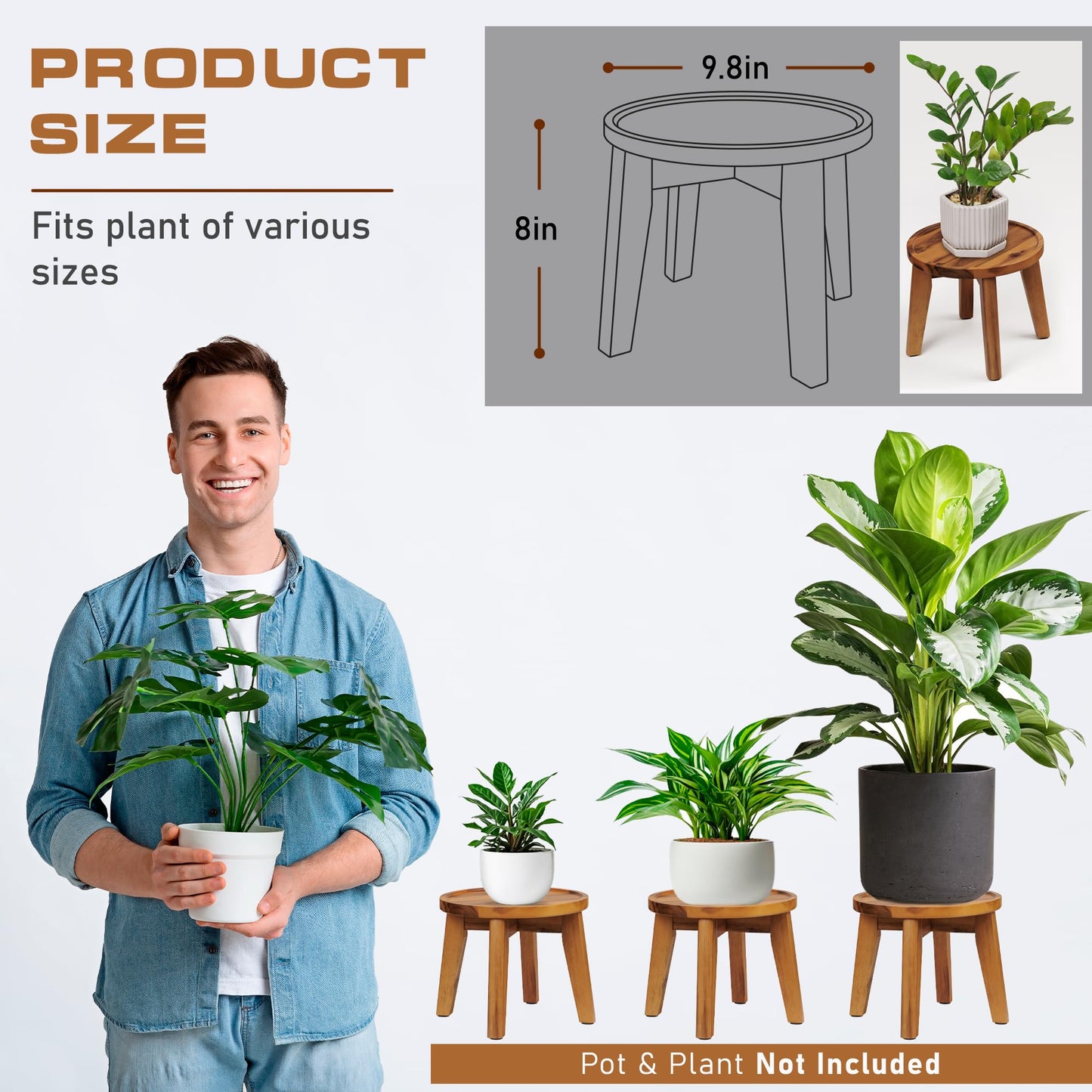 Demigo Indoor Plant Stand, 8 in Tall Natural Acacia Wood Plant Shelf Decor