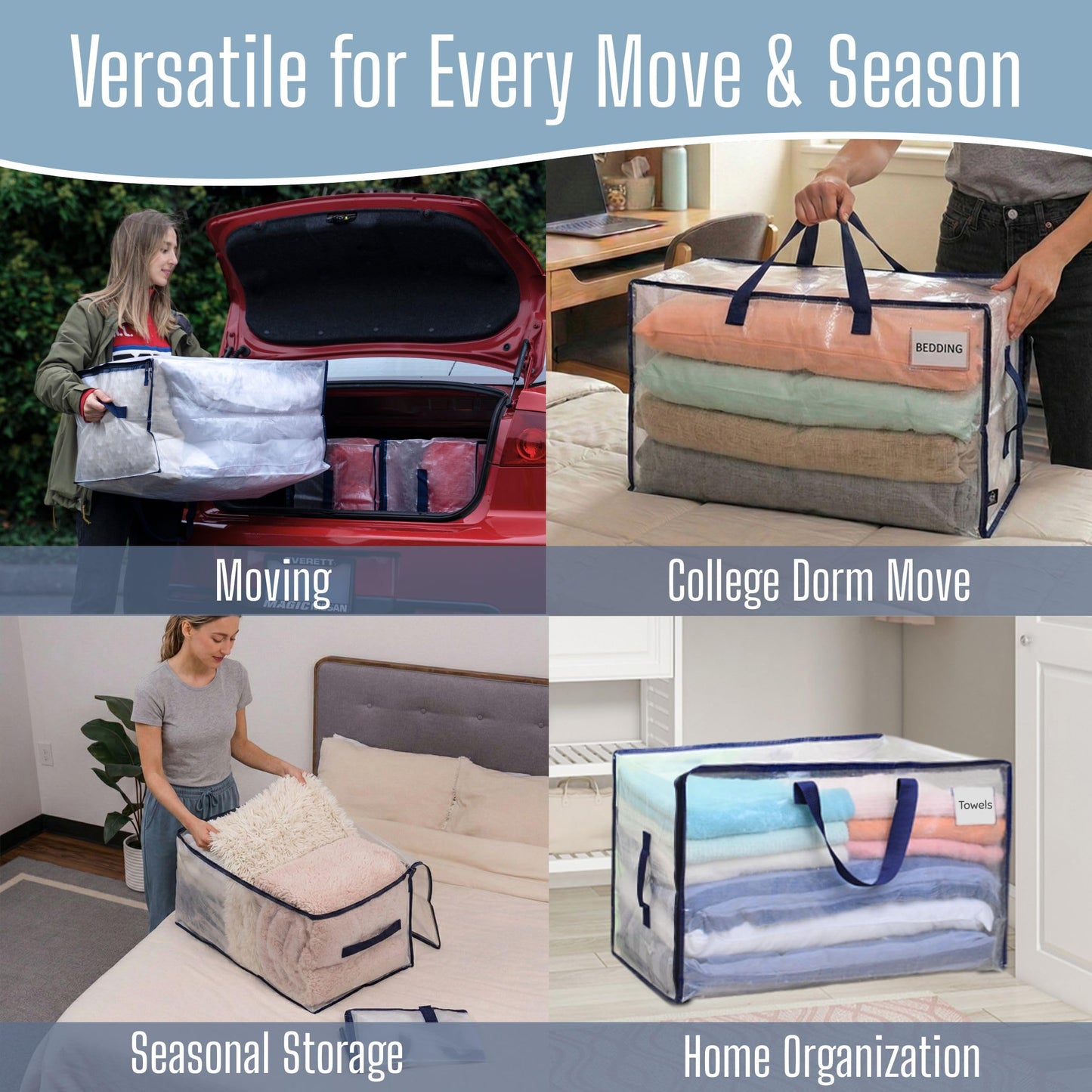 VENO 8 Pack Clear Extra Large Moving Bags & Storage Totes, Heavy Duty Organizer with Reinforced Handles & Strong Zippers for Clothes, College Dorm Essentials, Moving Supplies