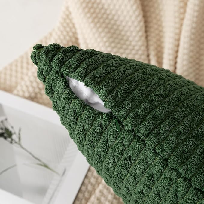 Kevin Textile Pack of 2 Corduroy Decorative Throw Pillow Covers 26x26 Inch Soft Boho Striped Pillow Covers Modern Farmhouse Home Decor for Spring Sofa Living Room Couch Bed Dark Green