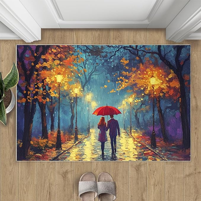 London Streets Washable Rugs 4x6 Rug for Living Room, Rainy Night Oil Painting 4x6 Rug Autumn Landscape Low-Pile Carpet for Bedroom Dining Non Slip Mat with Rubber Back