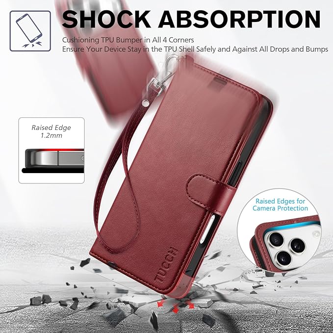 TUCCH Case Wallet for iPhone 17 Pro (6.3-Inch) 2025, Wrist Strap | Stand | RFID Blocking | 4 Card Holders | TPU Shockproof Inner Shell | PU Leather | Magnetic Folio Cover | Dark Red