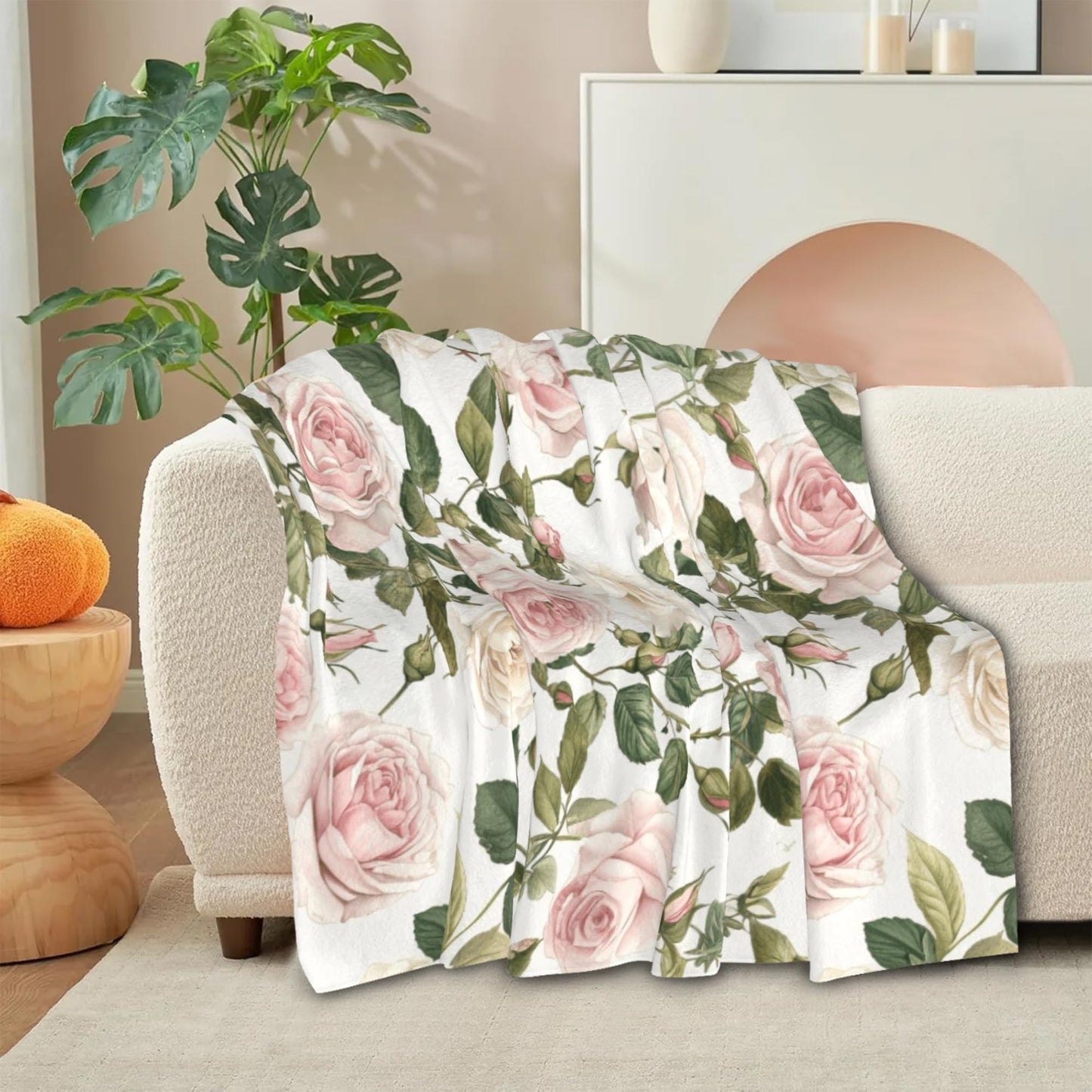 DKODKO Pink Cream Roses Throw Blanket Spring Summer Lightweight Flannel Bedding Blanket,Washable Fleece Throw Botanical Floral Blanket Cozy Blankets for Bed, Couch, Sofa, Camping,60''x 50''