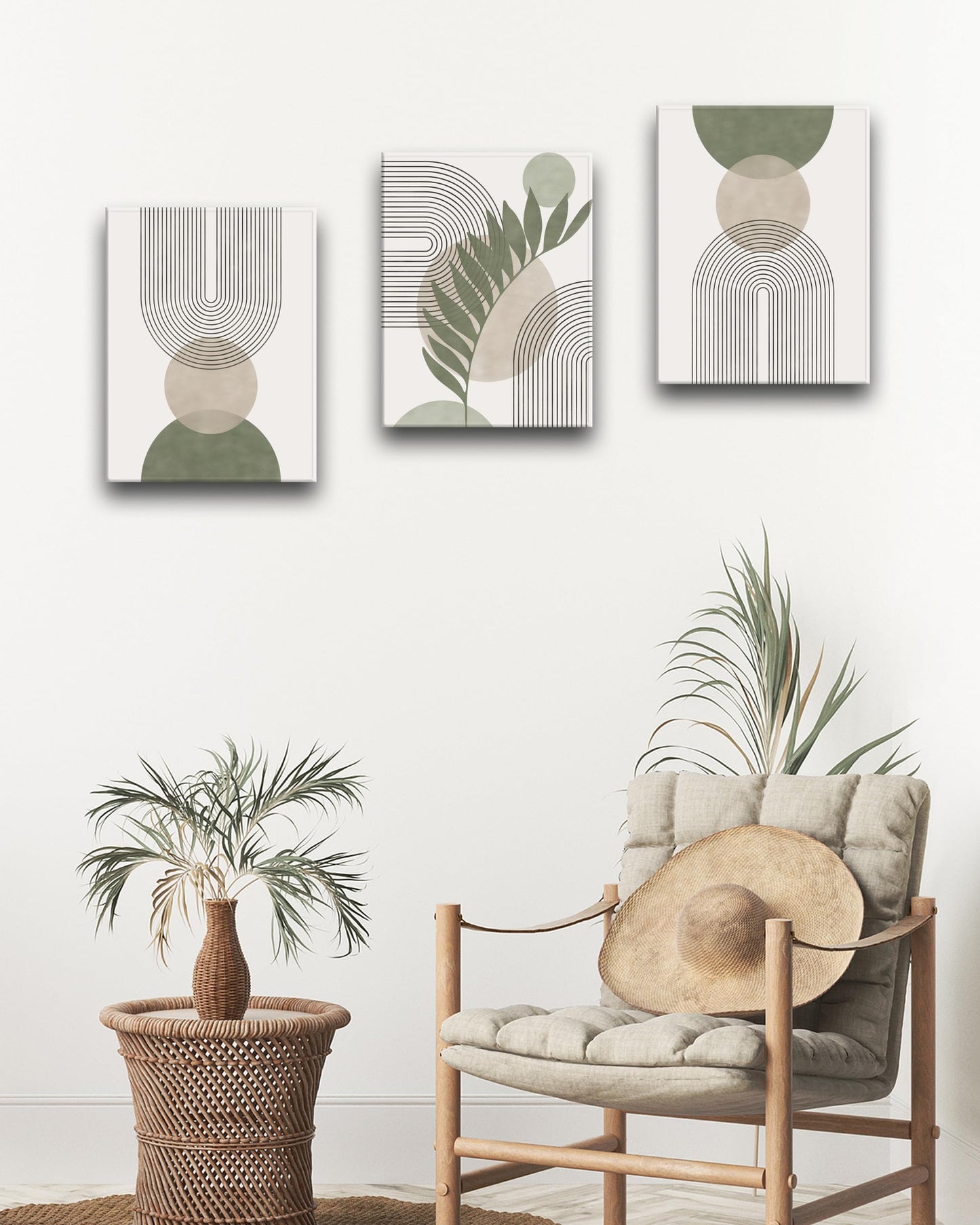 HesenDot 30x40CM Sage Green Boho Wall Art,Framed Canvas Bathroom Wall Art Pictures, Mid-Century Modern Wood Framed Abstract Prints for Bedroom,Minimalist Office Wall Decor 3Pack
