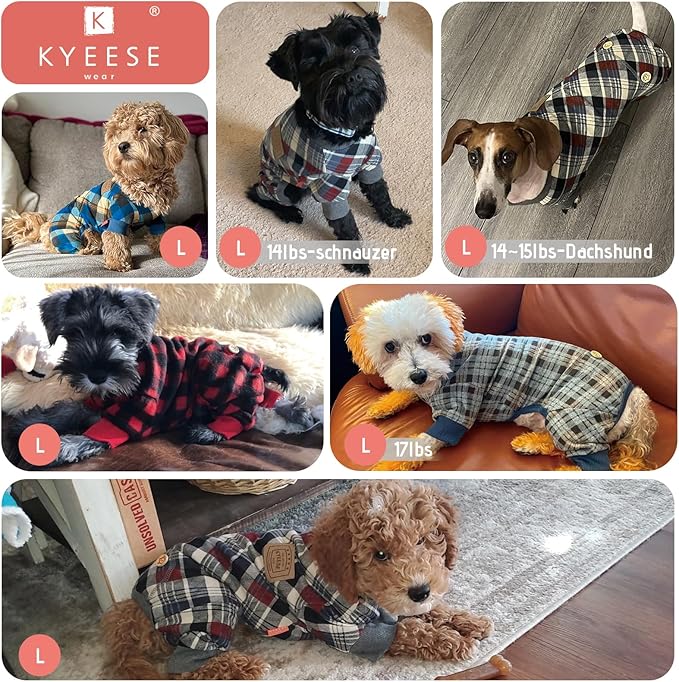 KYEESE Dog Pajamas Soft Doggie Jammies Comfy Coat Stretchy Onesie Pet Clothes Plaid Dog Pajamas for Small Dogs Boy Girl Velvet Pjs, Grey, Large