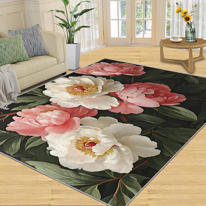 Rustic Flowers Washable Area Rug 4x5, Peony Soft Rugs for Living Room Petals Carpet Area Rugs for Bedroom Dining Room Non-Slip Stain Resistant Rug