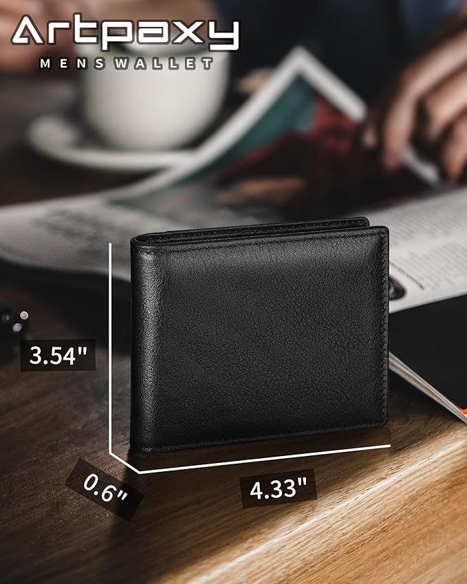 Artpaxy Mens Wallet Bifold Genuine Leather RFID Blocking Wallet for Men with 2 ID Windows 11 Card Holders 2 cash pockets 1 Gift Box