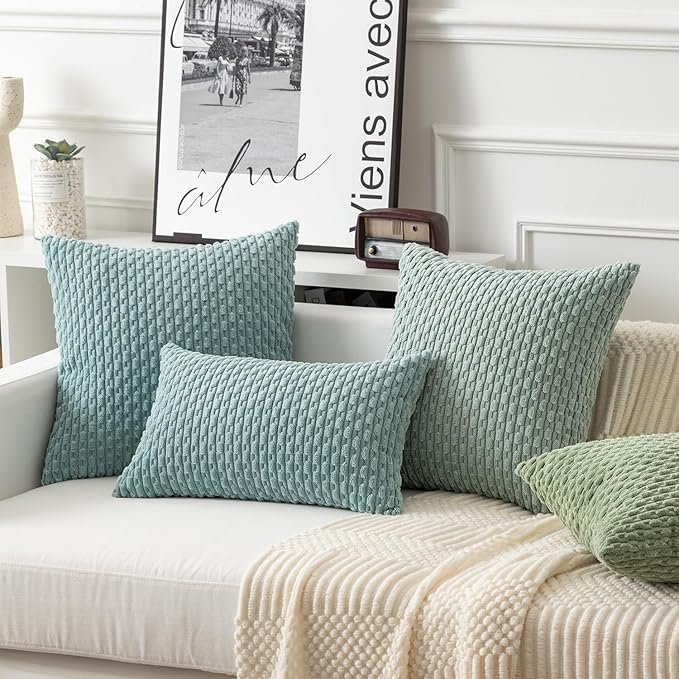 Kevin Textile Throw Pillow Covers Soft Corduroy Decorative Set of 2 Boho Striped Pillow Covers Pillowcases Farmhouse Home Decor for Couch Bed Sofa Living Room 22x22 Inch Dusty Green