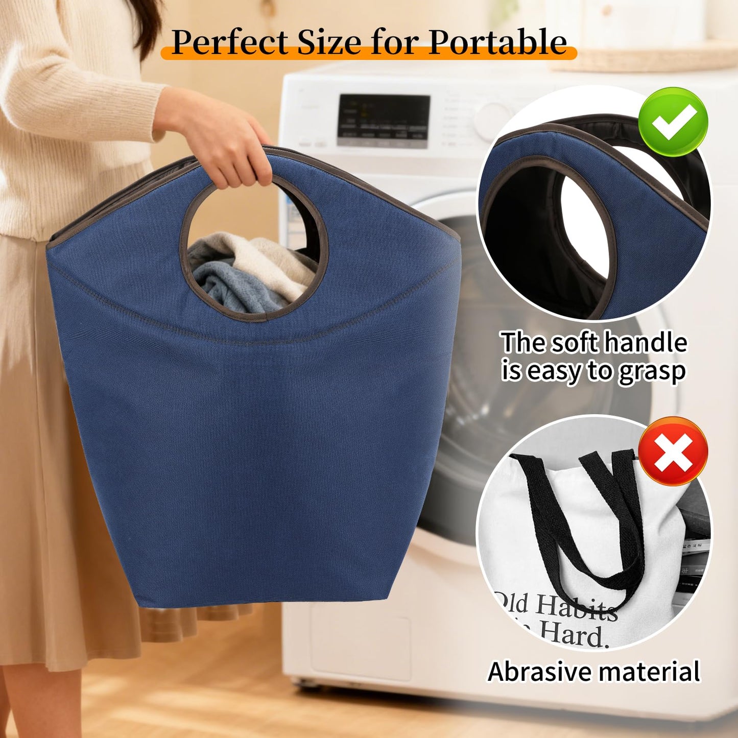 Portable Foldable Laundry Hamper with Soft Handle, 47L Collapsible Fabric Laundry Basket, Waterproof Storage Tote for Seniors, Dorm, Camping, Hanging