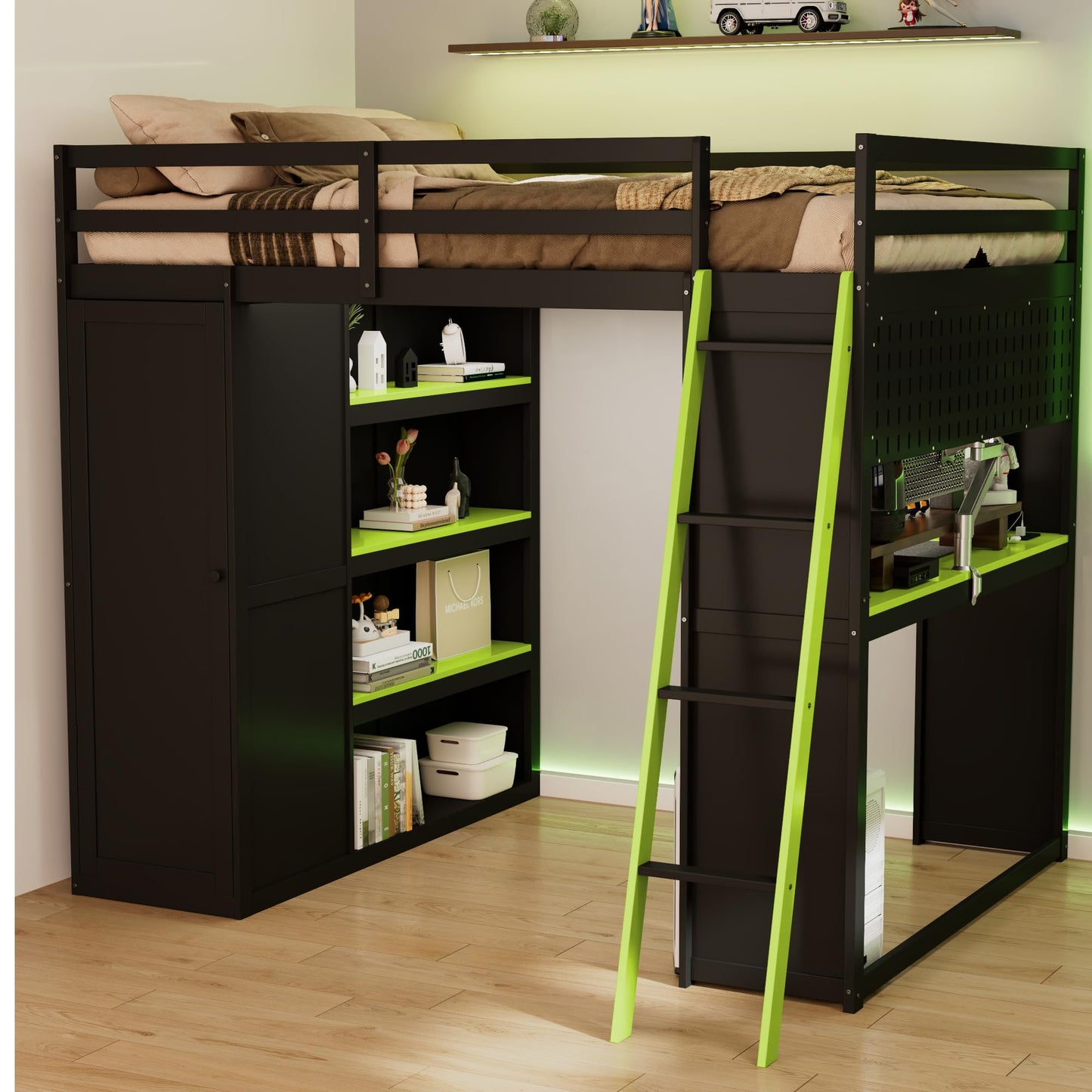 Merax Wood Loft Bed with Wardrobe,Shelves,Blackout Curtains and RGB Lights, Full Size, Black+Green
