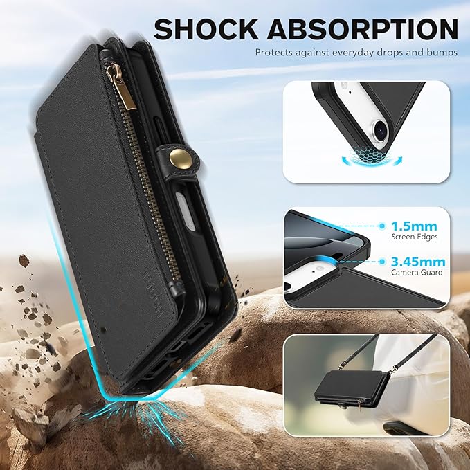 TUCCH Crossbody Detachable Wallet Case for iPhone Air 6.5" 2025, 9 Card Slots RFID Blocking | Wireless Charging | Wrist Strap | Lanyard | Stand | Zipper Pocket | PU Leather Shockproof Cover | Black