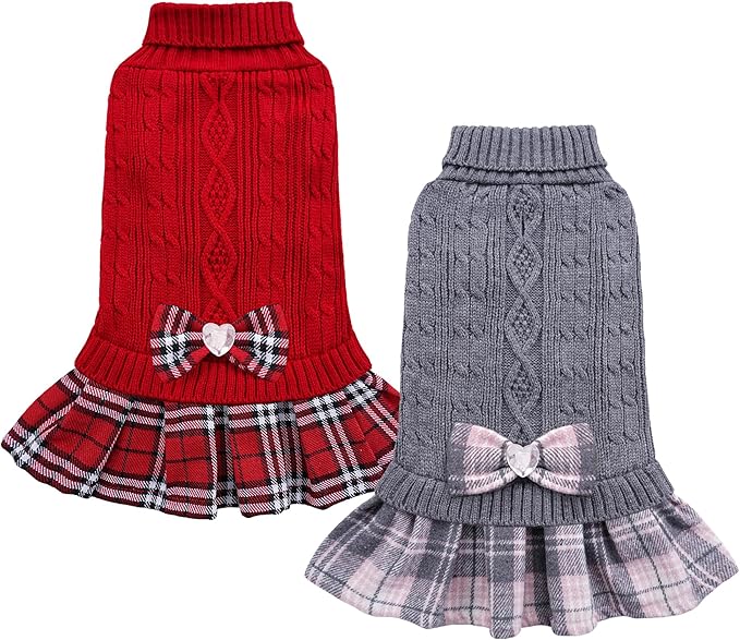 YUDODO 2 Pack Small Dog Sweater Dress with Bowtie Turtleneck - Knitted Pet Girl Dog Winter Clothes - Pet Warm Sweater for Puppy Yorkies, Chihuahua (M Red+Grey)