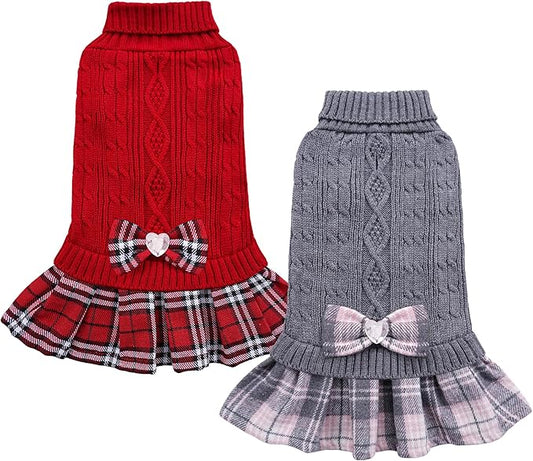 YUDODO 2 Pack Small Dog Sweater Dress with Bowtie Turtleneck - Knitted Pet Girl Dog Winter Clothes - Pet Warm Sweater for Puppy Yorkies, Chihuahua (M Red+Grey)