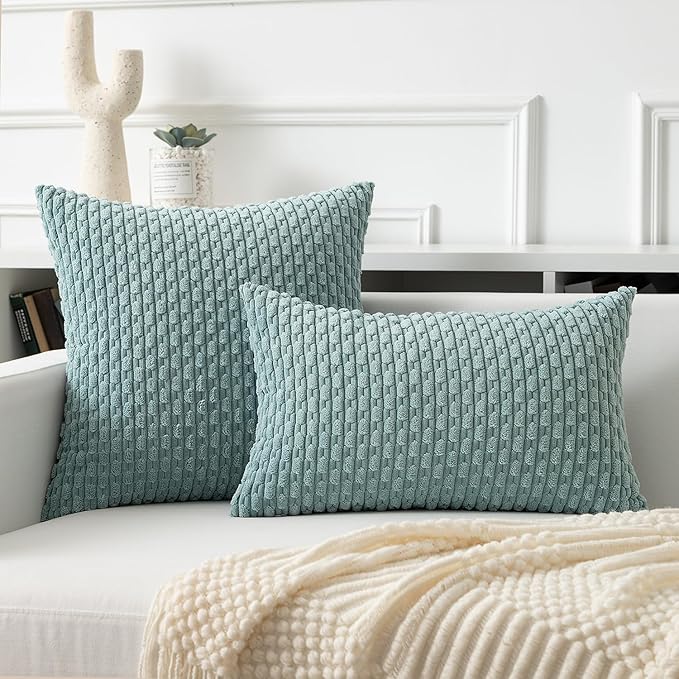 Kevin Textile Throw Pillow Covers Soft Corduroy Decorative Set of 2 Boho Striped Pillow Covers Pillowcases Farmhouse Home Decor for Couch Bed Sofa Living Room 22x22 Inch Dusty Green