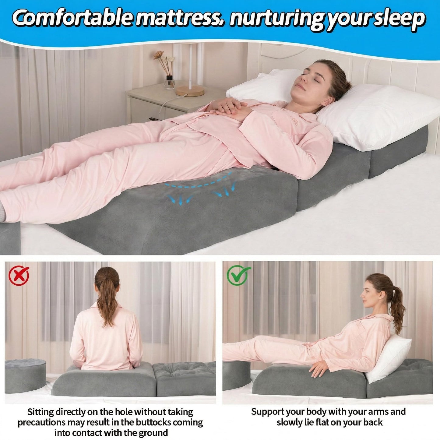 CACLSF BBL Cushion, Tri-Fold BBL Pillow After Surgery for Sleeping, Adjustable-Size Hip Opening, Flexible Disassembly and Placement, Colchon para BBL with Hole, Enhance Comfort Soft Sponge Support