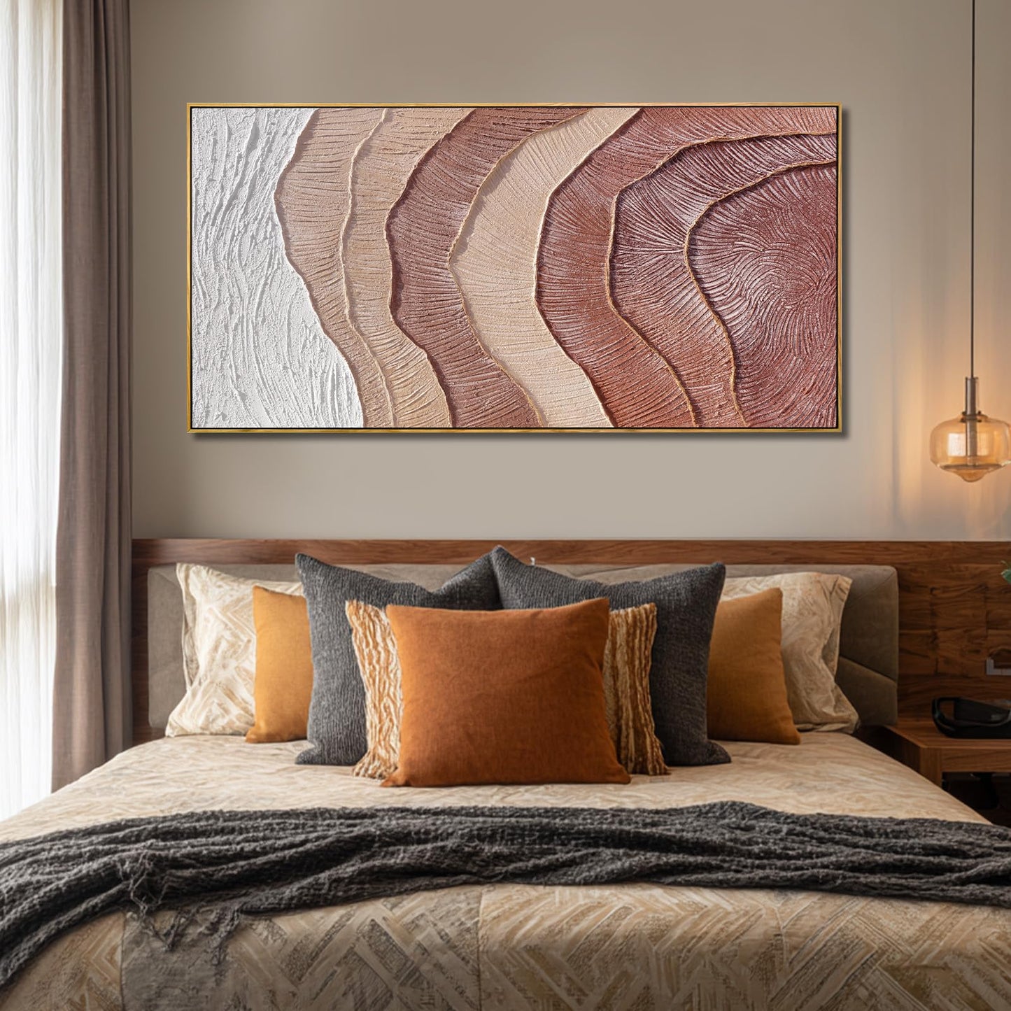 Framed Abstract Wall Art, Hand-Painted Beige Brown Textured Oil Painting on Canvas, Modern Neutral Wall Decor for Living Room Bedroom Office, 29x58 Inch