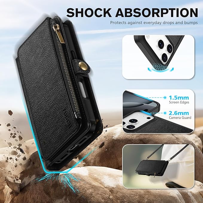 TUCCH Removable Crossbody Case Wallet for iPhone 17 Pro 2025, 9 Card Slot RFID Blocking, Stand, Lanyard, Wrist Strap, Wireless Charging, Zipper Pocket, PU Leather, Magnetic Flip Cover, Textured Black