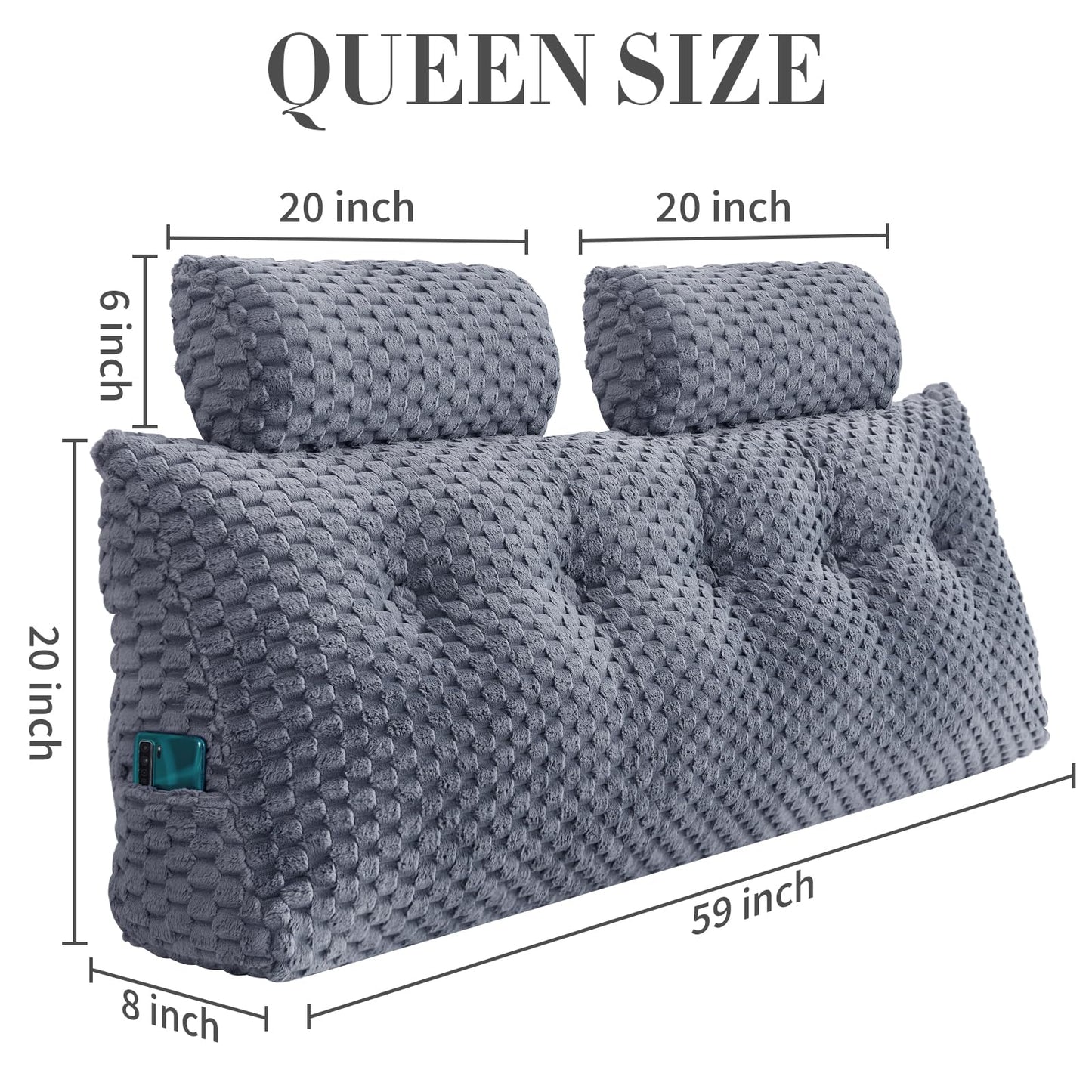 Wedge Headboard Pillow Queen- Bed Wedge Pillow for Headboard Triangular Headboard Pillow with Neck Roll Pillow-Large Bolster for Sitting in Bed Backrest Positioning Support (Grey,59x8x20 Inches)