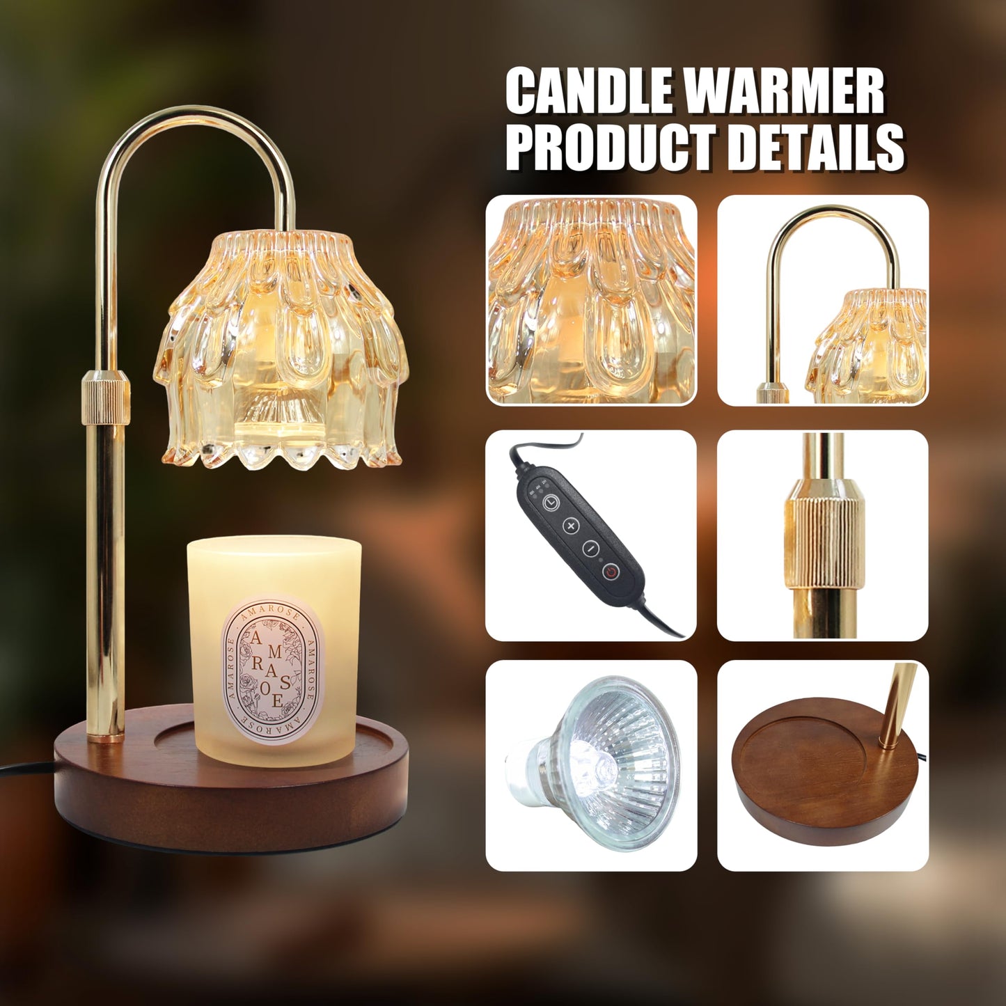 Flower Candle Warmer Lamp with Timer Dimmer, Adjustable Height, Birthday Housewarming Gifts for Women Mom, New Home Bedroom Livingroom Decor, Gold Wax Melt Warmer for Scented Jar with 2 Bulbs