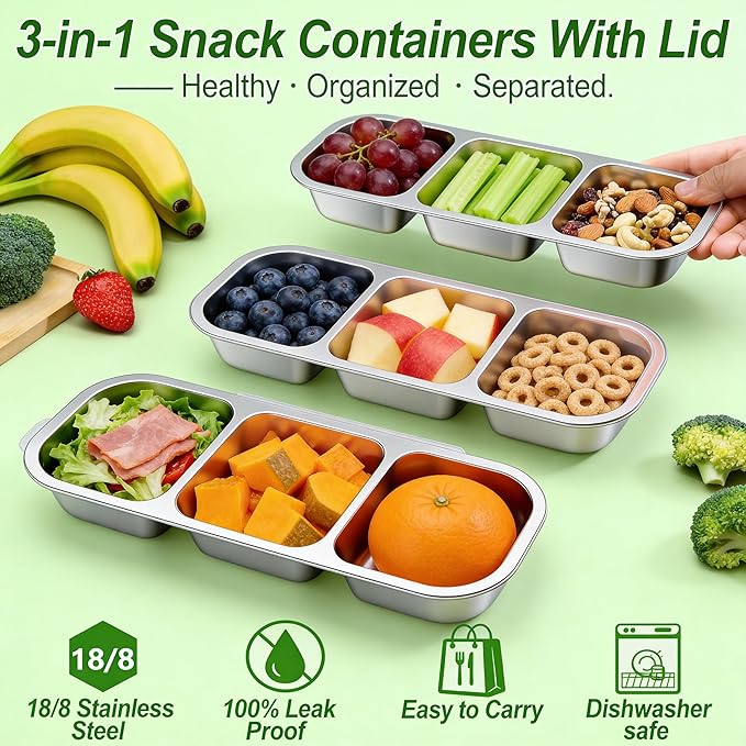 Dobyusf 2 Pack Stainless Steel Snack Containers - 3 Compartment Leak Proof Bento Box with 7oz Capacity, BPA-Free Reusable Food/Sauce Containers Containers for Office, Travel, On-the-Go Meals