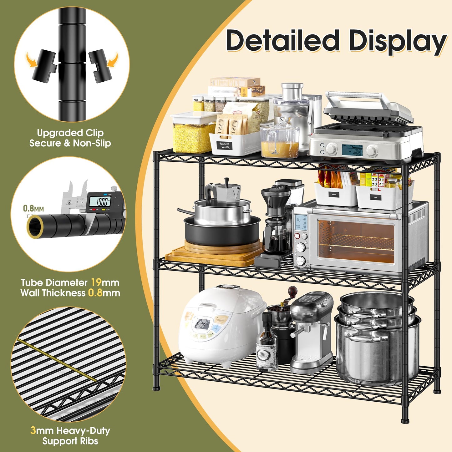 DurayLoly 35.6" W Storage Shelves, 3 Tier Adjustable Metal Shelving Unit Heavy Duty Steel Wire Rack for Kitchen,Laundry,Pantry,Office,Garage, Closet,Black(35.6" Wx14"Dx35.6"H)