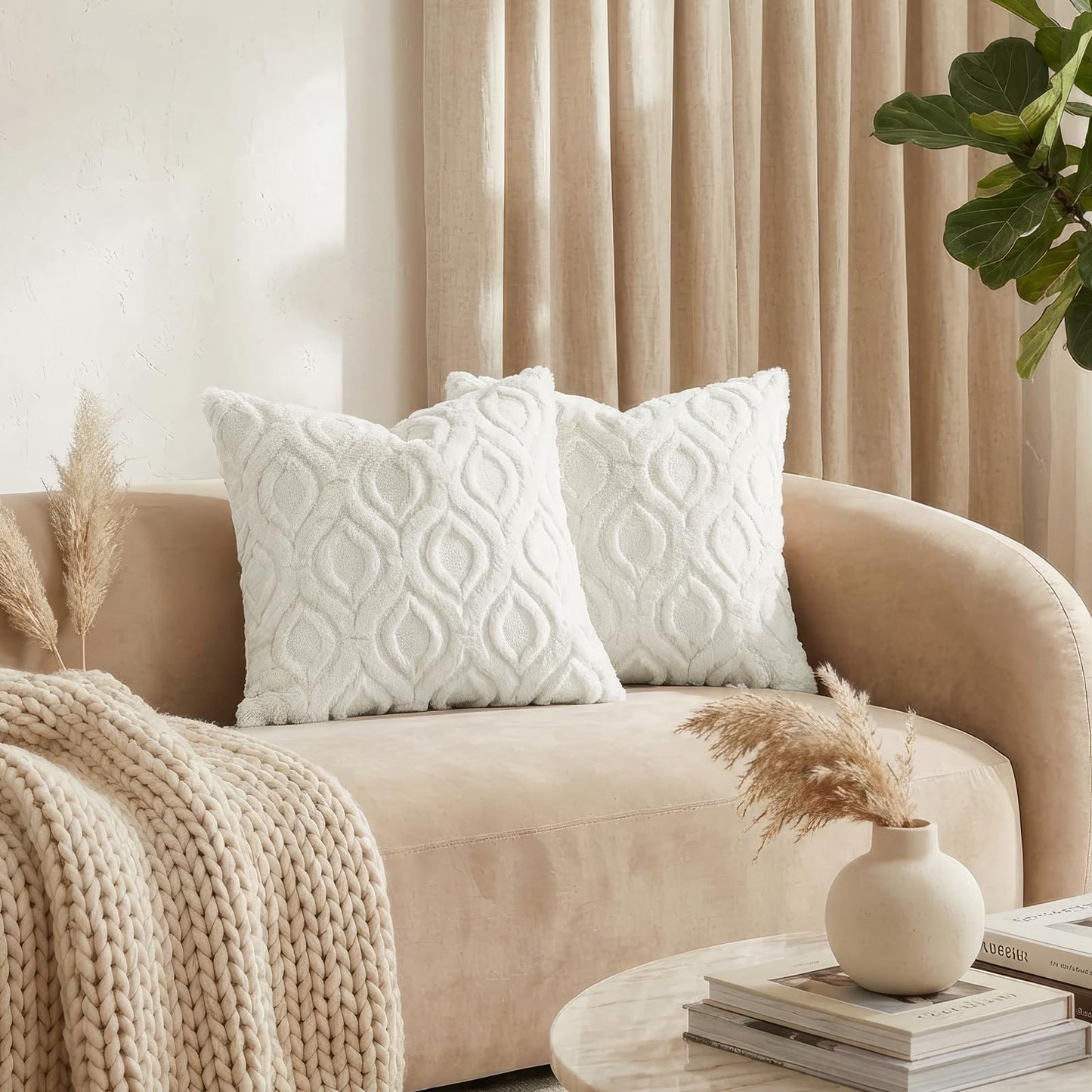 decorUhome Throw Pillow Covers 24x24 Inch Set of 2, Soft Plush Faux Wool Cream White Solid Couch Pillow Covers, Accent Euro Sham Farmhouse Neutral Square Pillow Cases for Sofa Bed Living Room