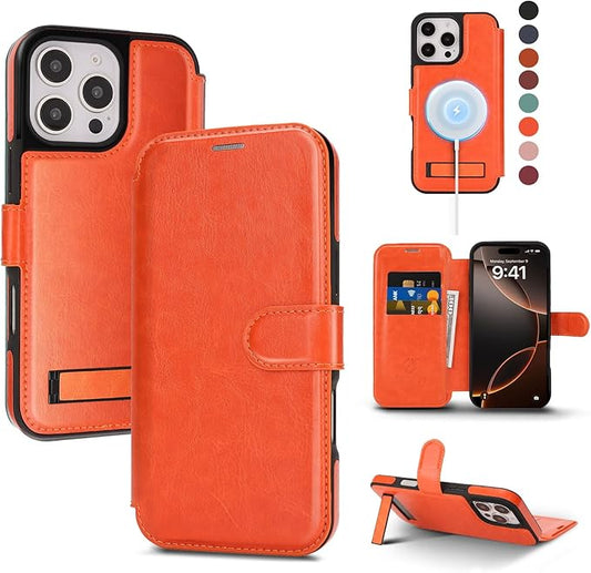 CIVICASE for iPhone 16 Pro Wallet Case with Stand,PU Leather Flip Credit Card Holder Slots (RFID Blocking),Compatible with Magsafe Magnetic Holder Phone Cover Women Men,Orange