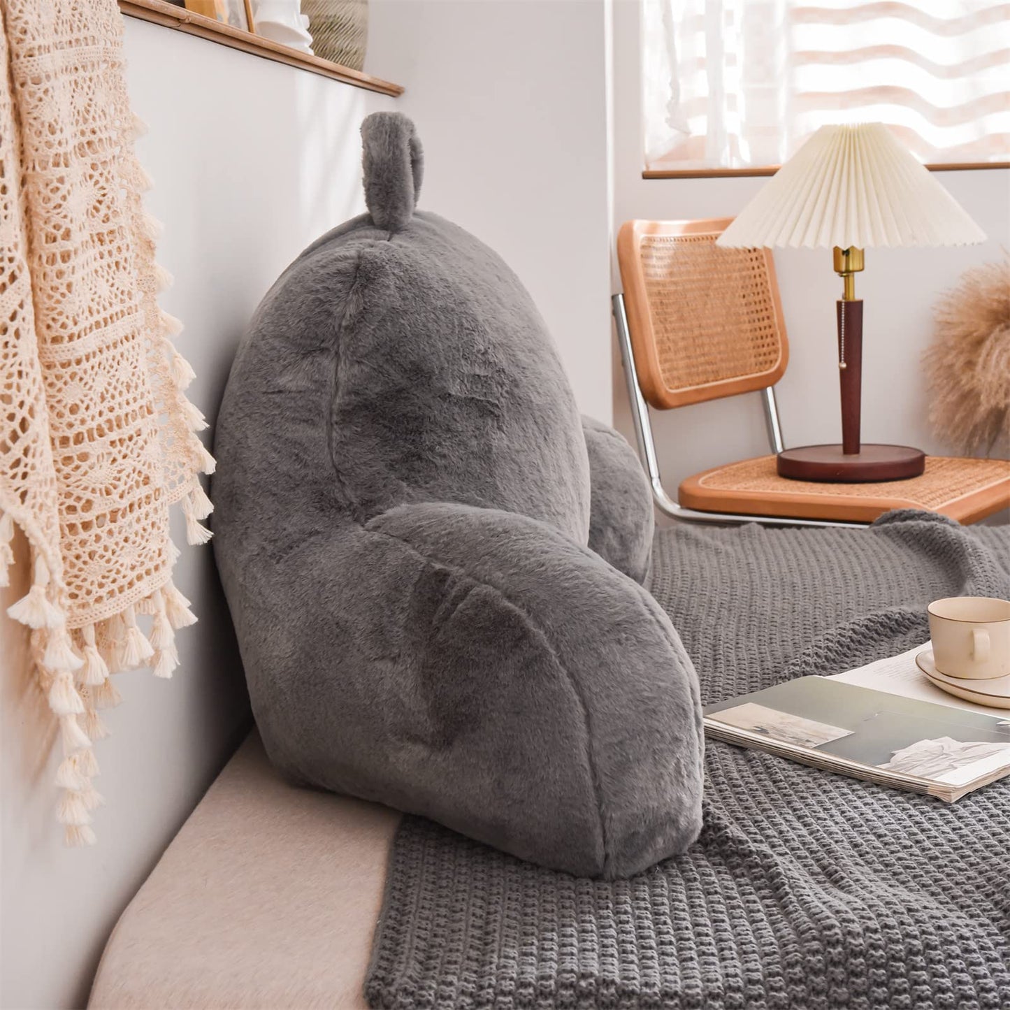 A Nice Night Faux Fur Reading Pillow Bed Wedge Large Adult Children Backrest with Arms Back Support for Sitting Up in Bed / Couch for Bedrest,Gray (Standard)