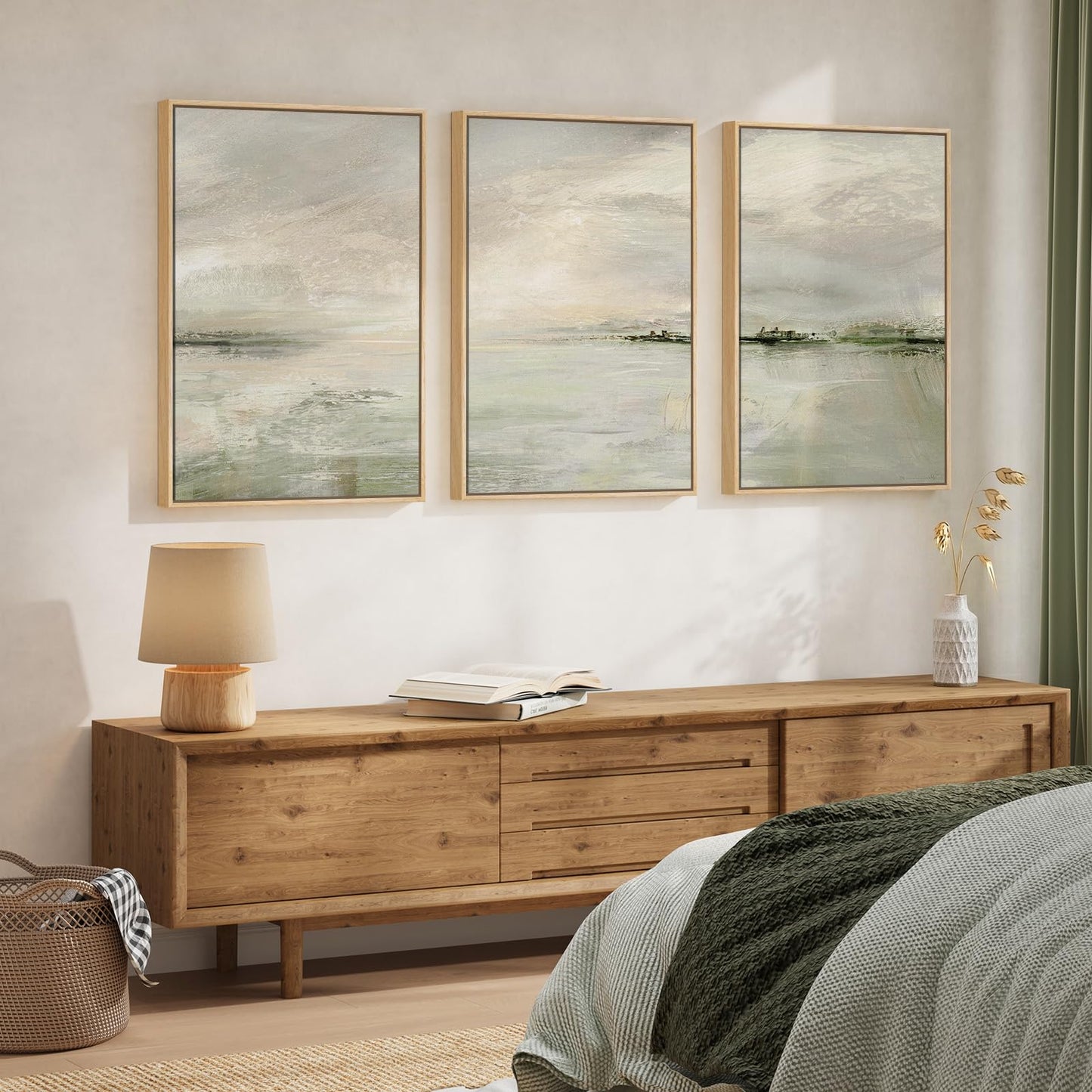 Large Framed Sage Green Abstract Landscape Wall Art, 3 Piece Modern Canvas Prints Paintings Artwork for Walls, Minimalist Nature Pictures for Living Room Dining Room Hallway Wall Decor, 20x30 In