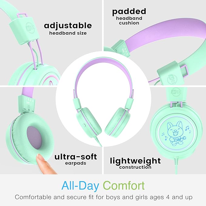 MEE audio KidJamz KJ55 Personalized USB-C Safe Listening Wired Headphones for Kids with Custom LED-Backlit Design, Volume Limiter, & Microphone for iPhone 15, iPad, & USB Type C Devices (Mint)